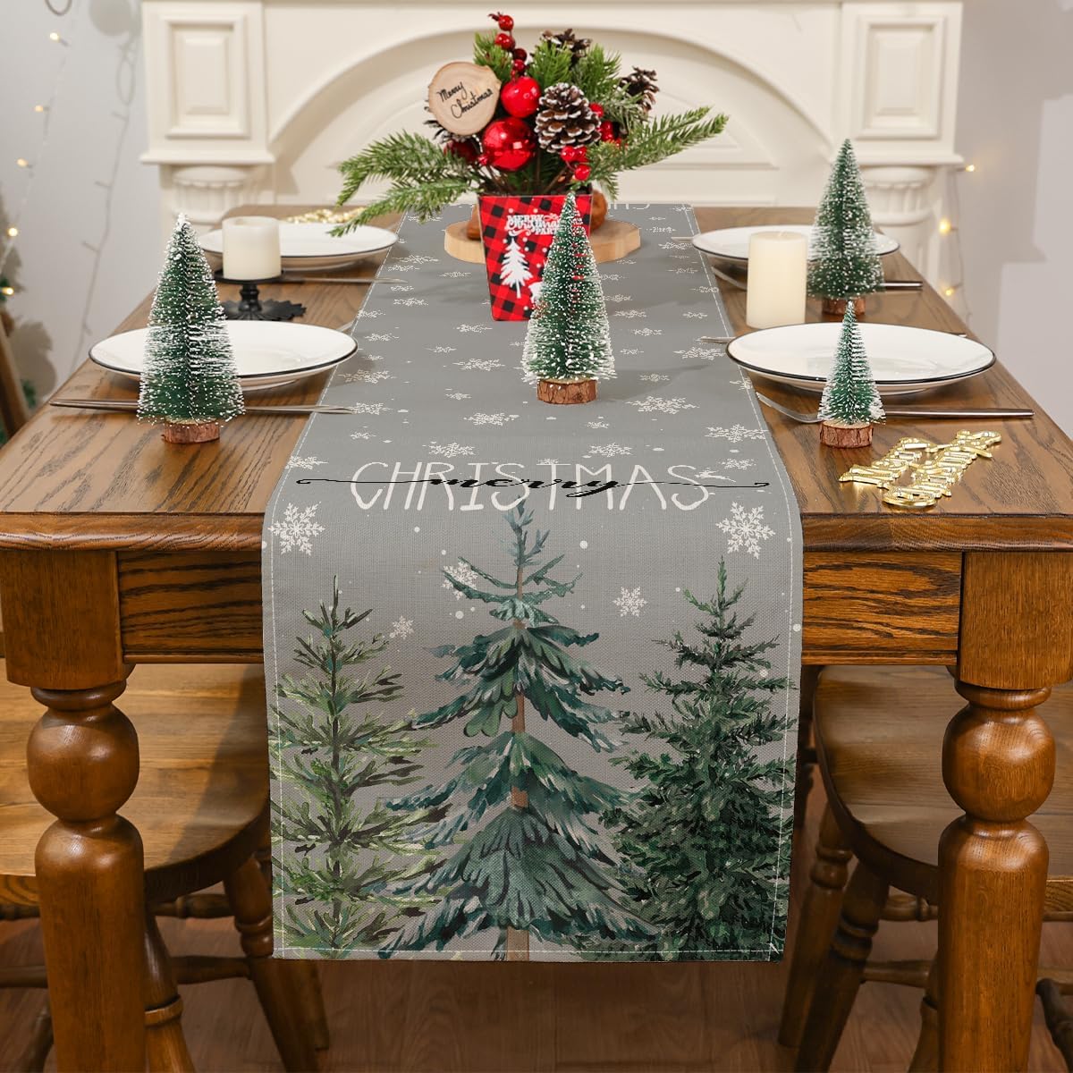Siilues Camino de mesa de Navidad, decoración de árbol de Navidad en acuarela, copo de nieve, camino de Navidad para mesa, decoración de vacaciones