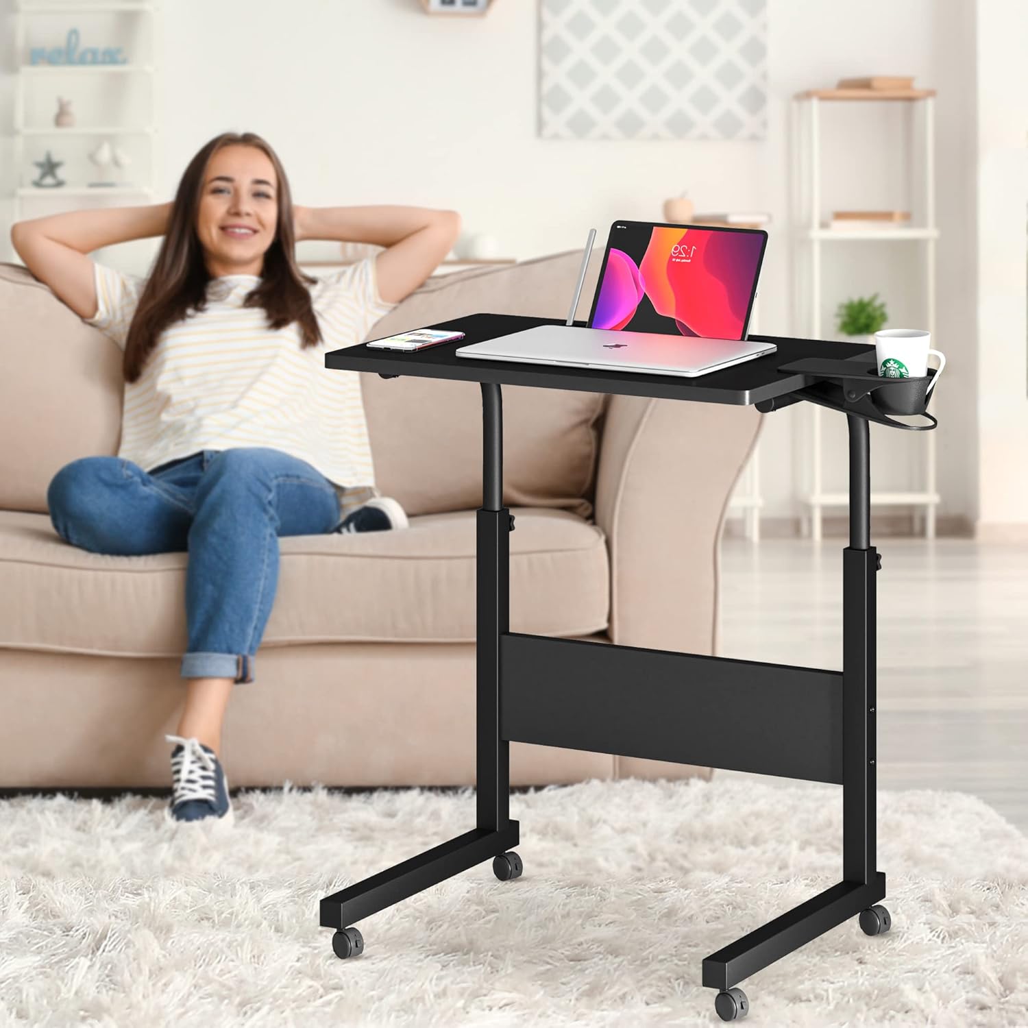 Klvied Escritorio de pie de altura ajustable, escritorio de pie con soporte para tazas, escritorio portátil para laptop, móvil, escritorio para