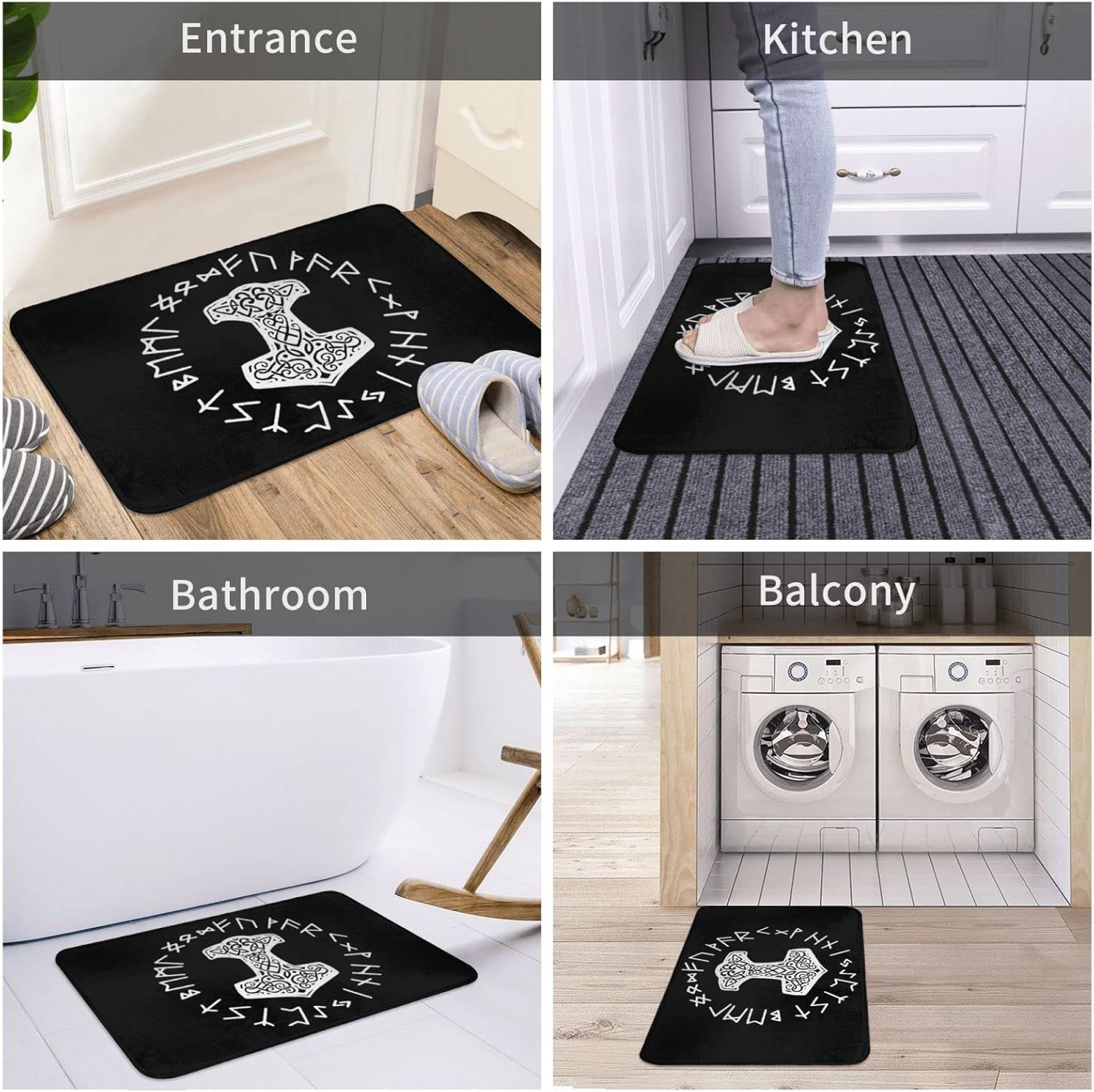 Vikings Mjolnir and Rune Wheel – Felpudo de interior con símbolo de mitología nórdica, alfombra de entrada para puerta de baño, 24 x 16 pulgadas