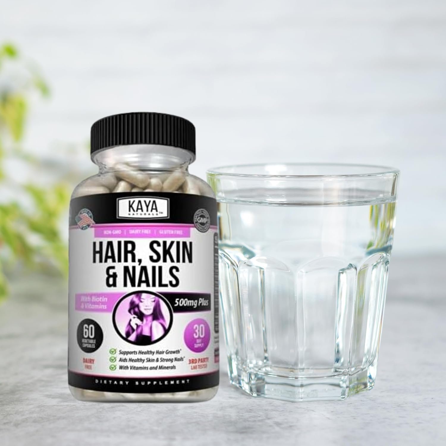 Kaya Naturals Cápsulas de uñas BIOTIN Vitamina D Vitamina B-12 A Apoyo de ácido fólico, Suplemento vitamínico de apoyo para el cabello