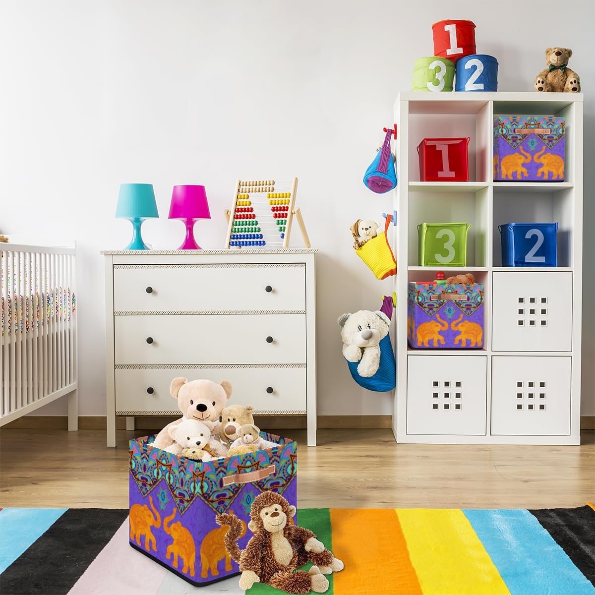 Cesta de almacenamiento plegable de tela con diseño vintage de dos elefantes, 13 x 13 x 13 pulgadas, cubos cuadrados con asas para el hogar, sala de