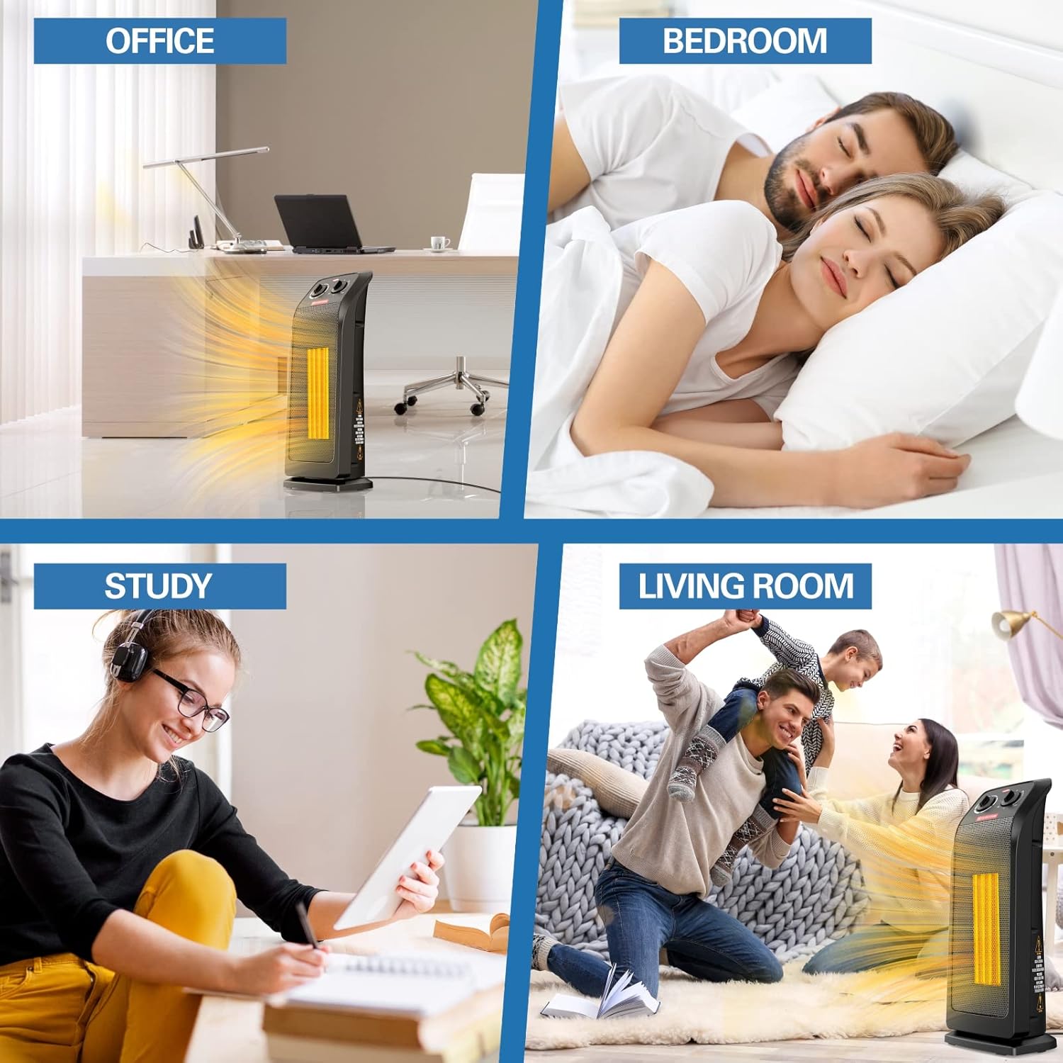 ECOWELL Calentador eléctrico de cerámica de calentamiento rápido de 1500 W con termostato, calentador de torre de 18 pulgadas para uso en