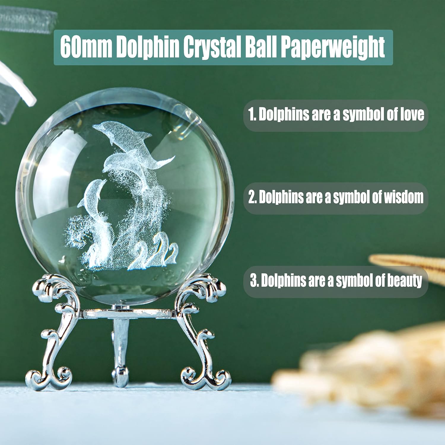 HDCRYSTALGIFTS Pisapapeles de bola de cristal de delfín de 2.362 in con soporte de flores, pisapapeles decorativo 3D grabado con láser