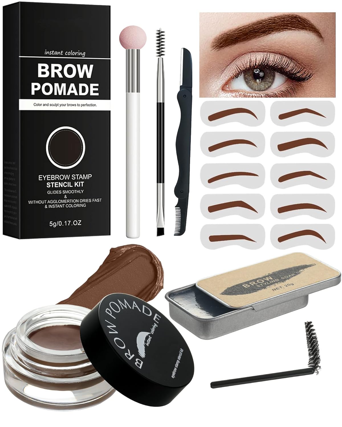 Kit de sellos de cejas y plantillas para cejas, 16 en 1, impermeable, para sellar cejas, pegamento de cera con herramienta para cejas, relleno de