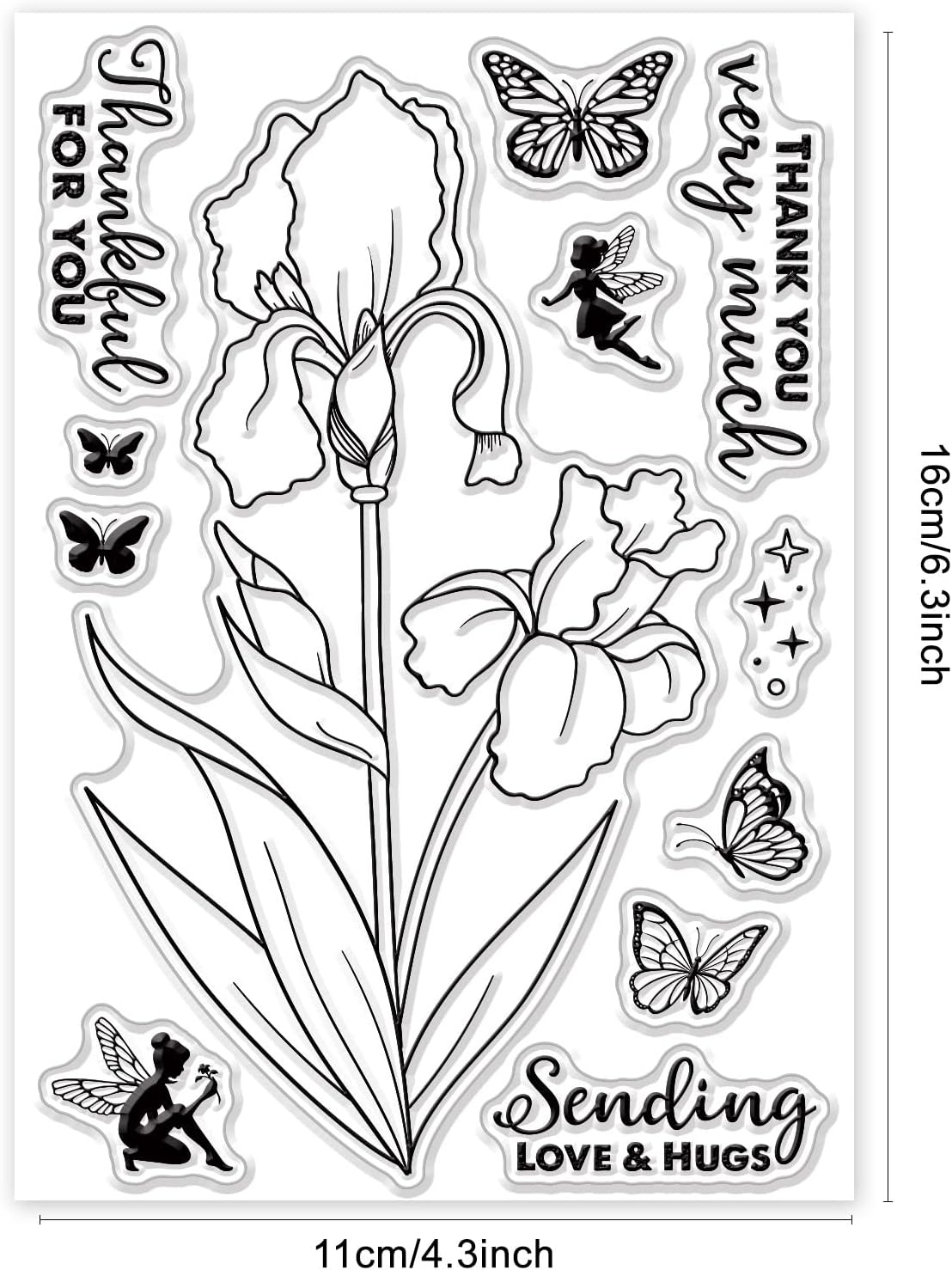 GLOBLELAND Sellos transparentes de flores de iris para manualidades, álbumes de recortes, elfos, mariposa, silicona, sellos transparentes para hacer