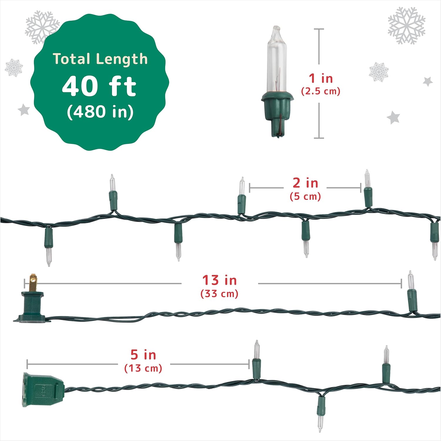 PREXTEX Luces de Navidad (40 pies, 200 luces), luces blancas transparentes para árbol de Navidad con cable verde, tira de luces para interiores y