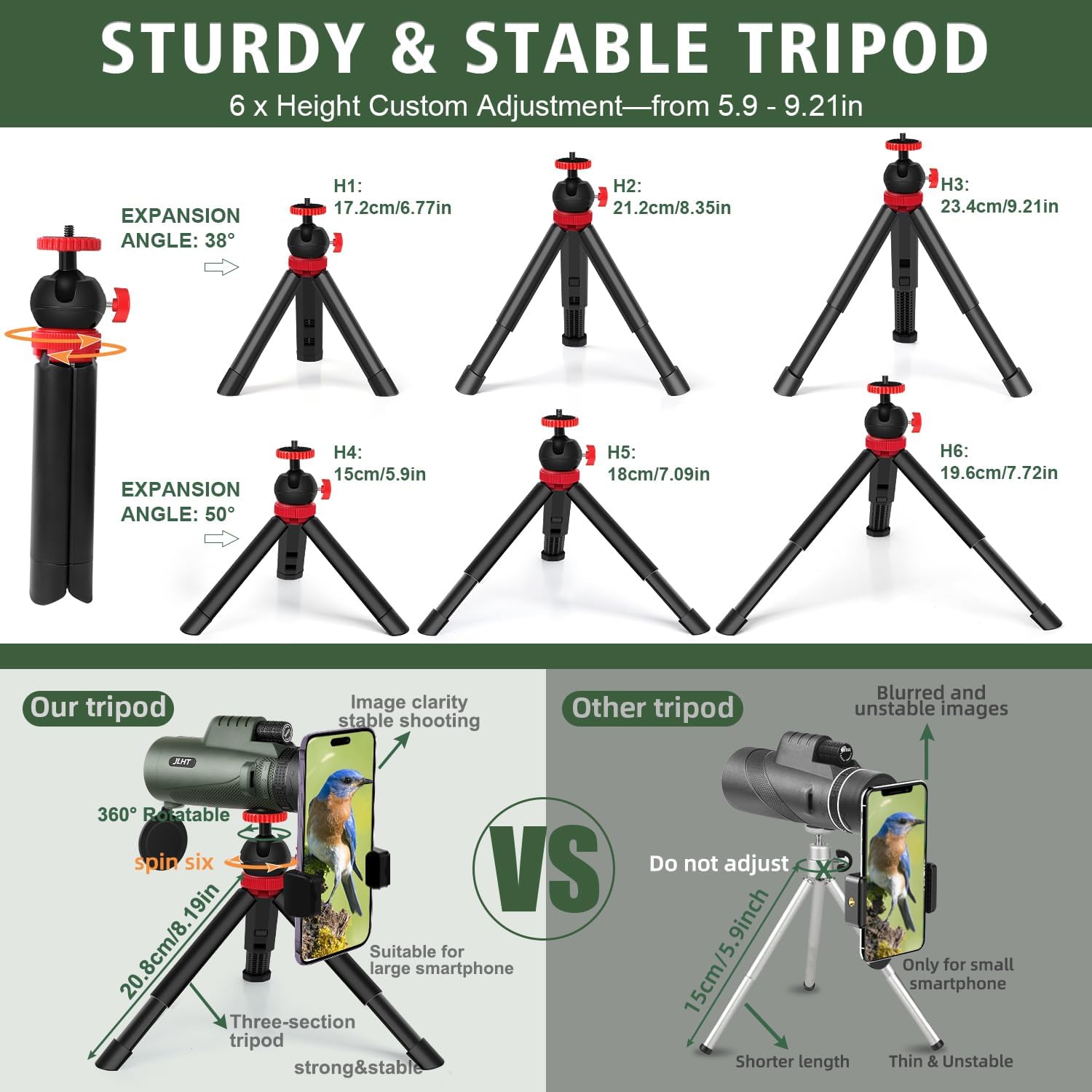 Monocular de alta potencia 40X60 con adaptador para smartphone, trípode, bolsa, prisma BAK4 y lente FMC para observación de aves, caza, senderismo,