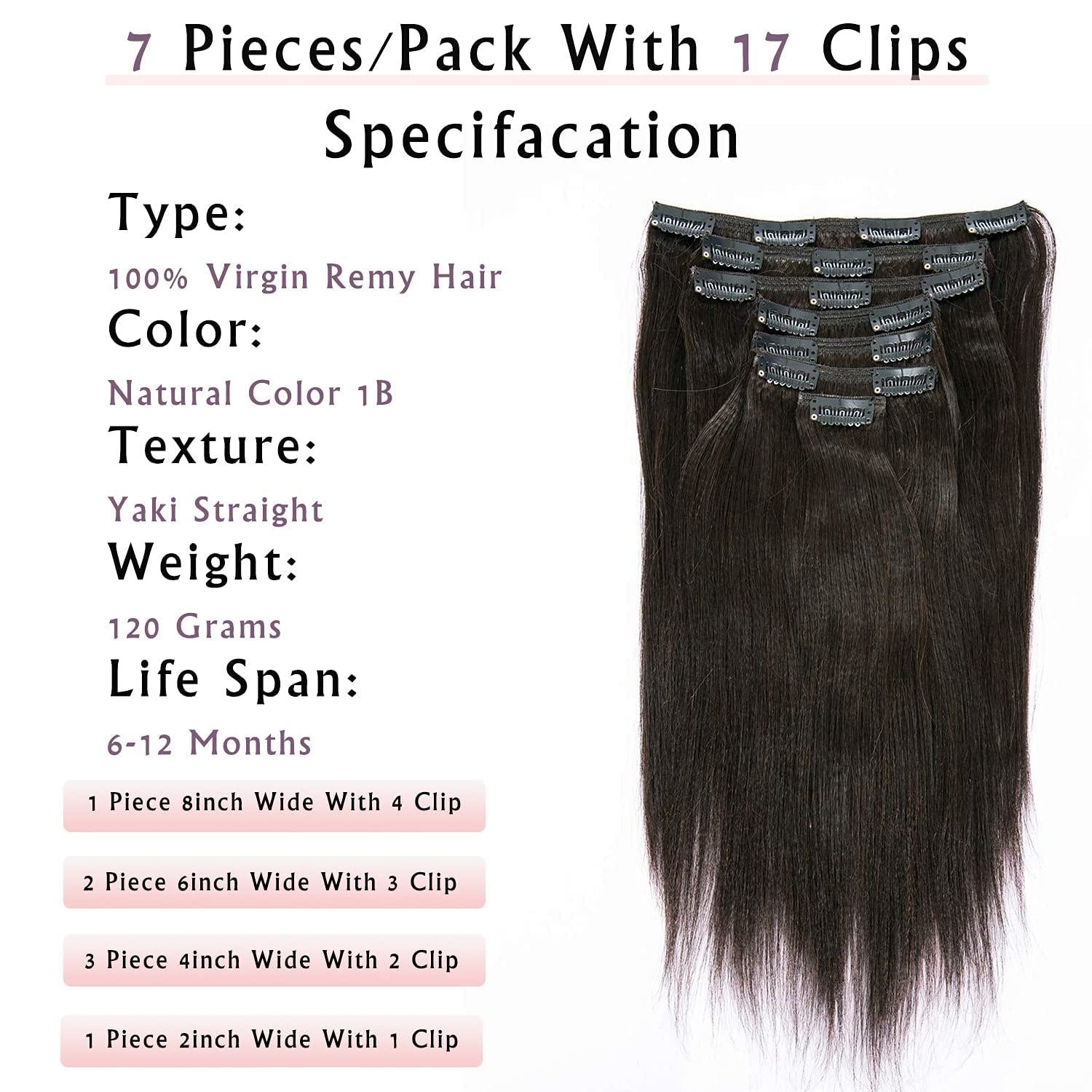Anrosa Yaki – Extensiones de cabello humano Yaki con clip, extensiones de cabello humano Yaki con clip, para afroamericano, cabello lacio Yaki,