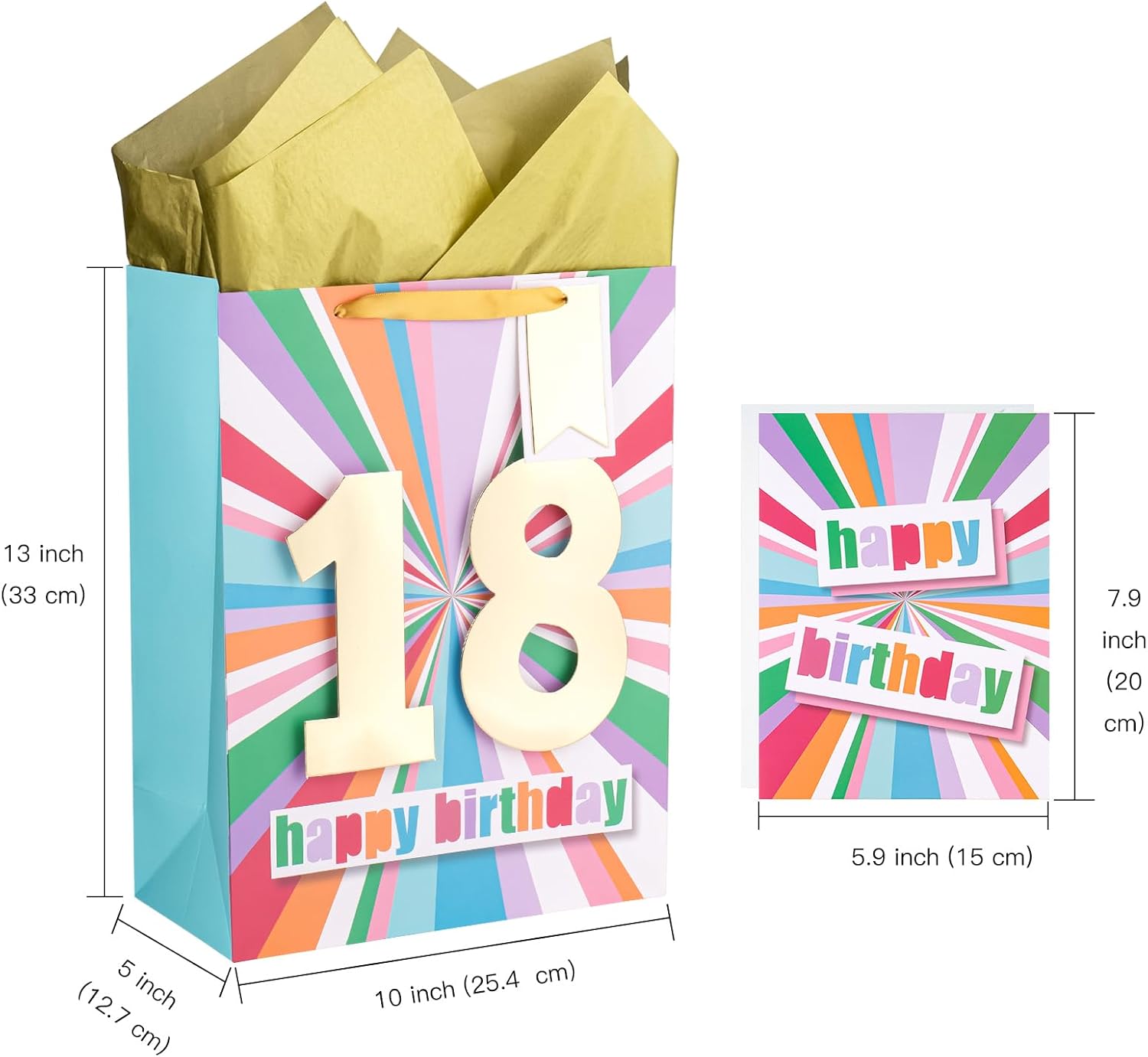 WRAPAHOLIC Bolsa de regalo de cumpleaños grande de 13 pulgadas con tarjeta y papel de seda – 18 cumpleaños