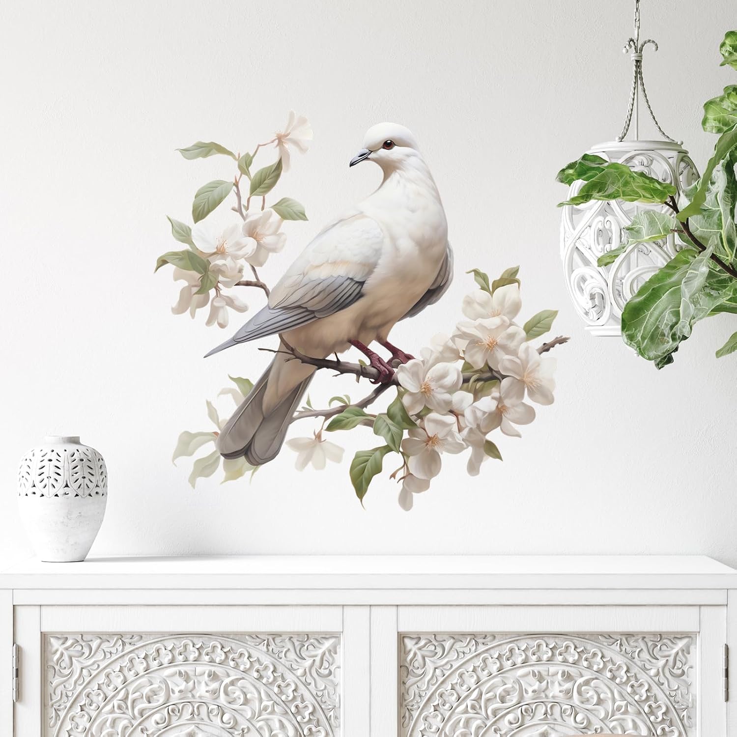 Calcomanías de pared de acuarela con paloma en medio de flores blancas florecientes, calcomanías de pared de animales para niños, removibles,