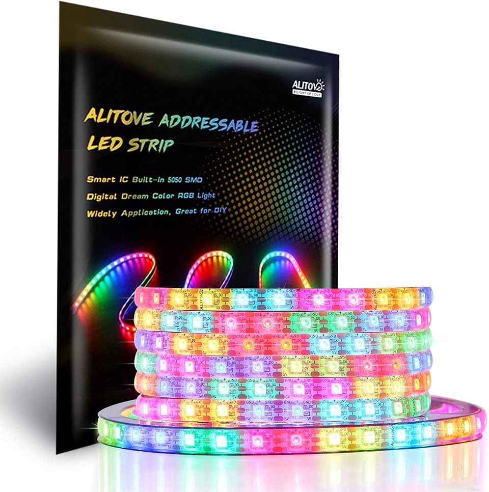 ALITOVE WS2812B – Tira de luz LED direccionable de 16.4 pies, 300 LED, programable, color de ensueño, digital, tira flexible, luz de píxeles,
