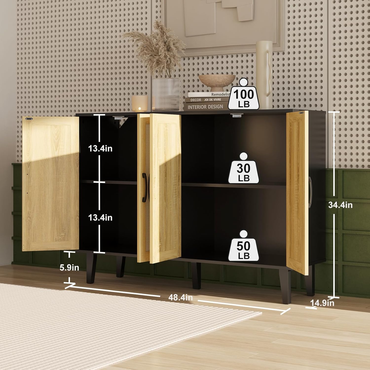Kopuity Armario de almacenamiento con ribete de ratán, aparador de 4 puertas con almacenamiento, armario decorativo con estantes para baño,