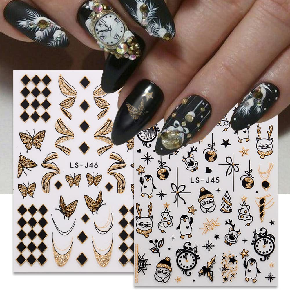 Calcomanías de arte de uñas de Navidad, calcomanías 3D doradas con purpurina para uñas de Año Nuevo, diseño de mariposas, fuegos artificiales, 3D,
