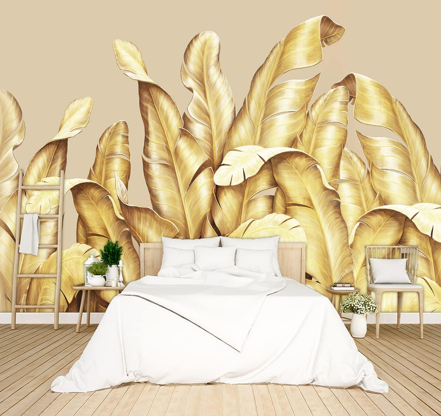 Papel pintado 3D botánico de hoja de plátano dorada, murales de plantas tropicales, decoración estética de habitación, sala de estar, fondo de