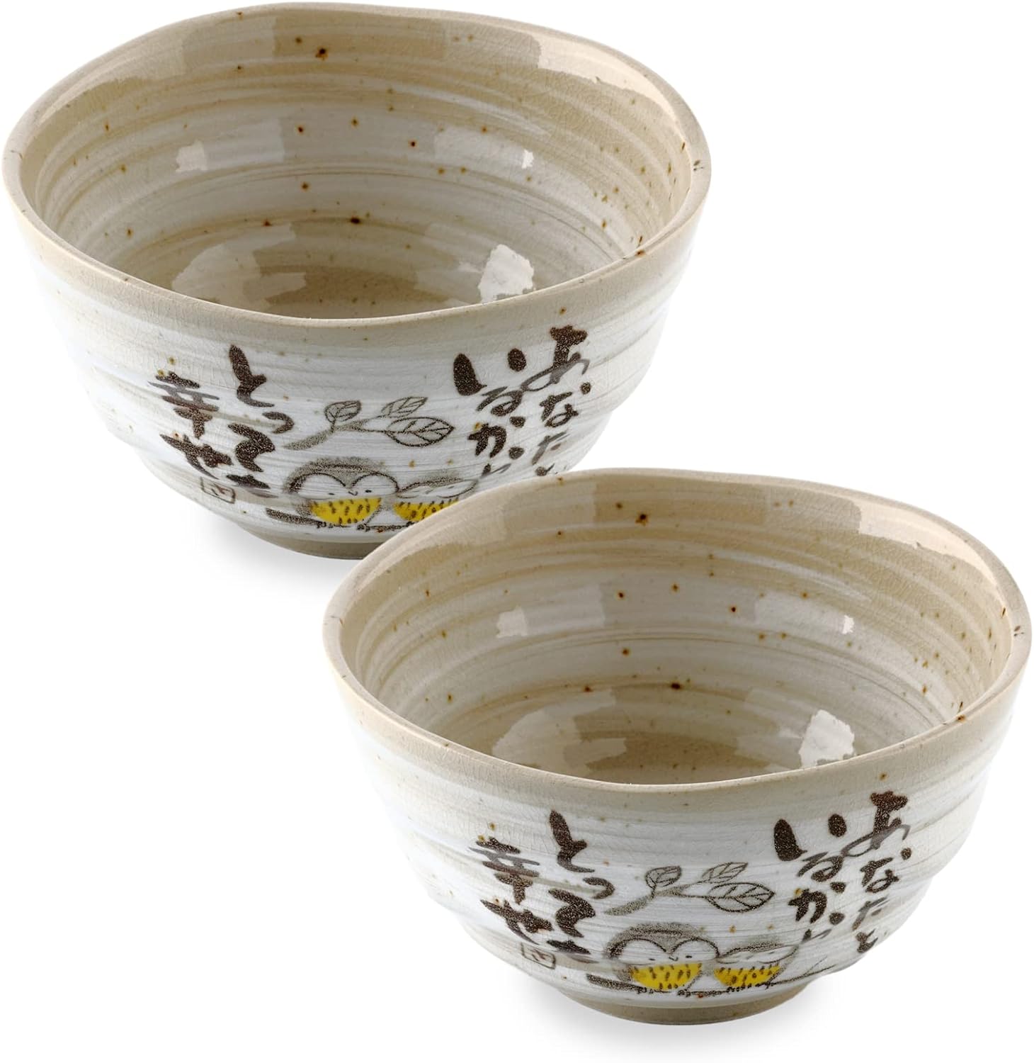 MIno Yaki (Ware) – Cuencos de arroz japoneses hechos a mano, diseño de búho, juego de 2, 4.5 pulgadas, cuencos de cereales, cuencos de cerámica para