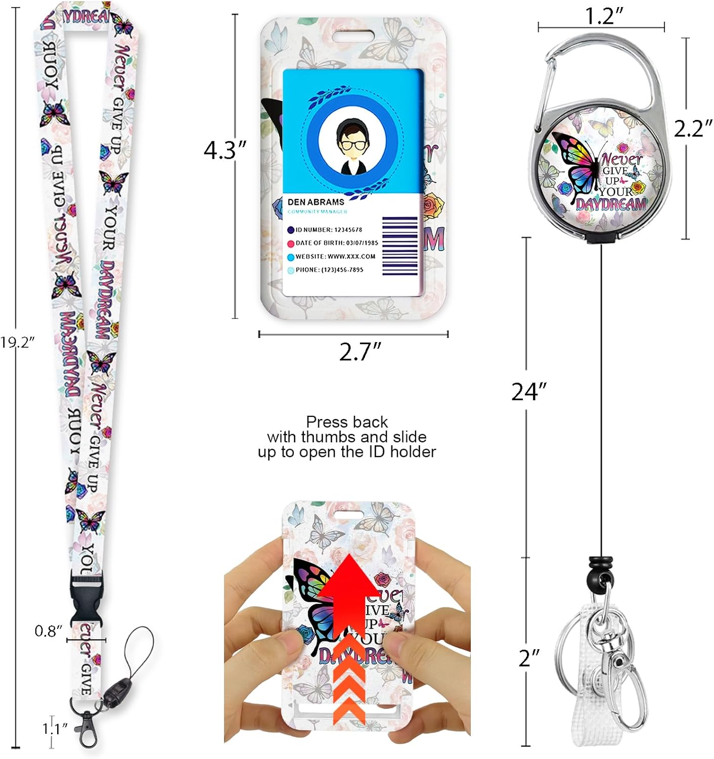 Cordones de flores de mariposa para insignias de identificación, bonito soporte para tarjetas de identificación con cordón retráctil, soporte de