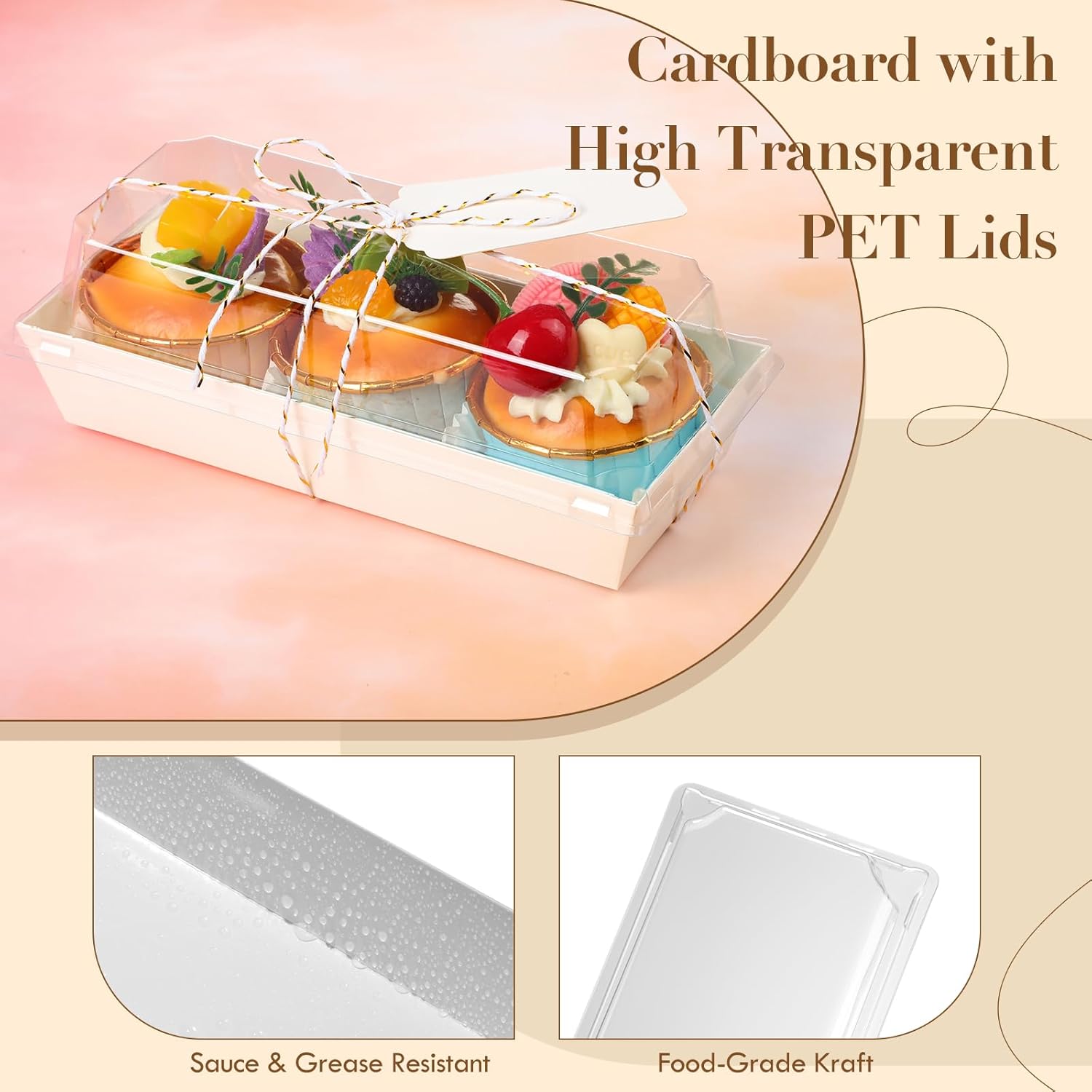 Qilery Paquete de 50 cajas de papel para embutidos con tapas transparentes y seguras, recipientes rectangulares desechables para postres