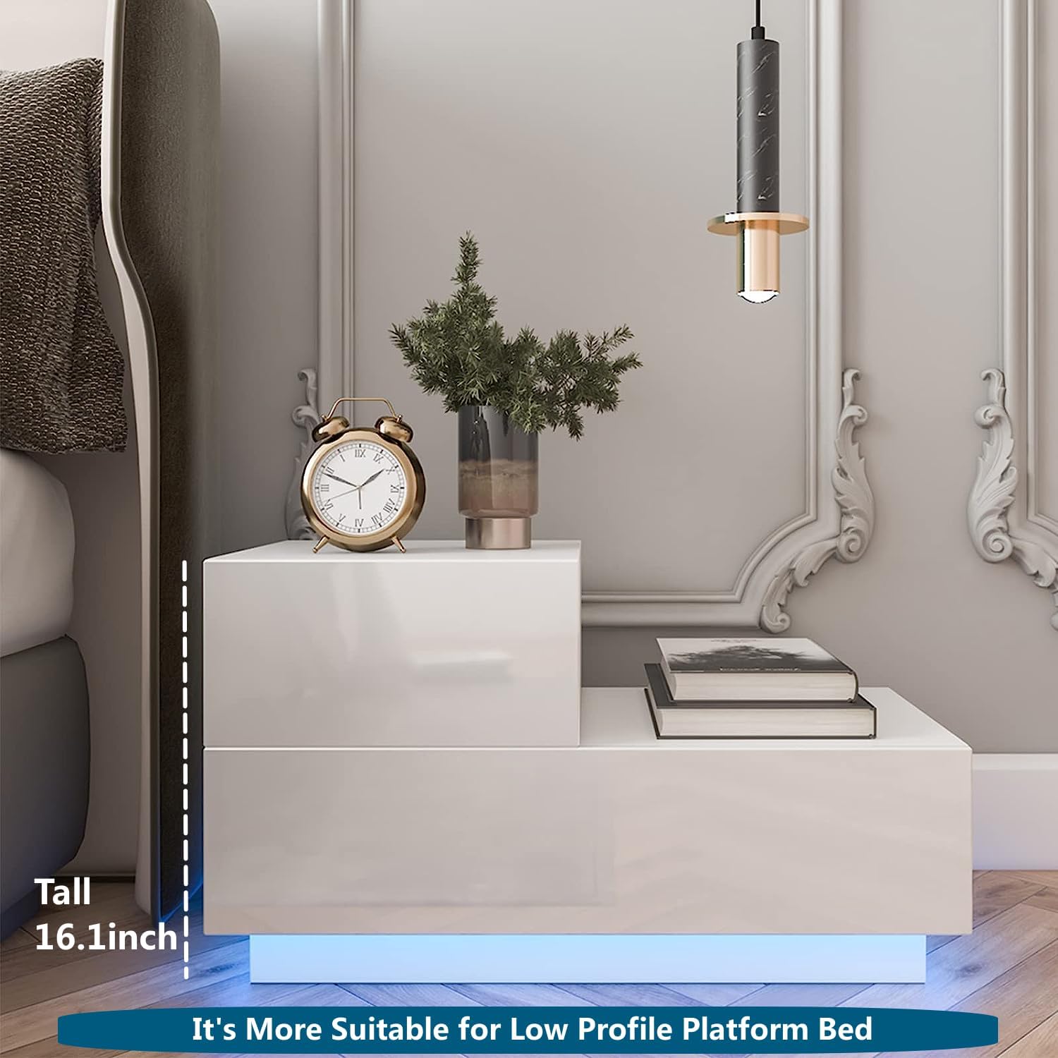 HOMMPA Mesita de noche LED pequeña, moderna mesa de noche blanca de alto brillo con 2 cajones, mesita de noche con luz LED, mesa auxiliar con