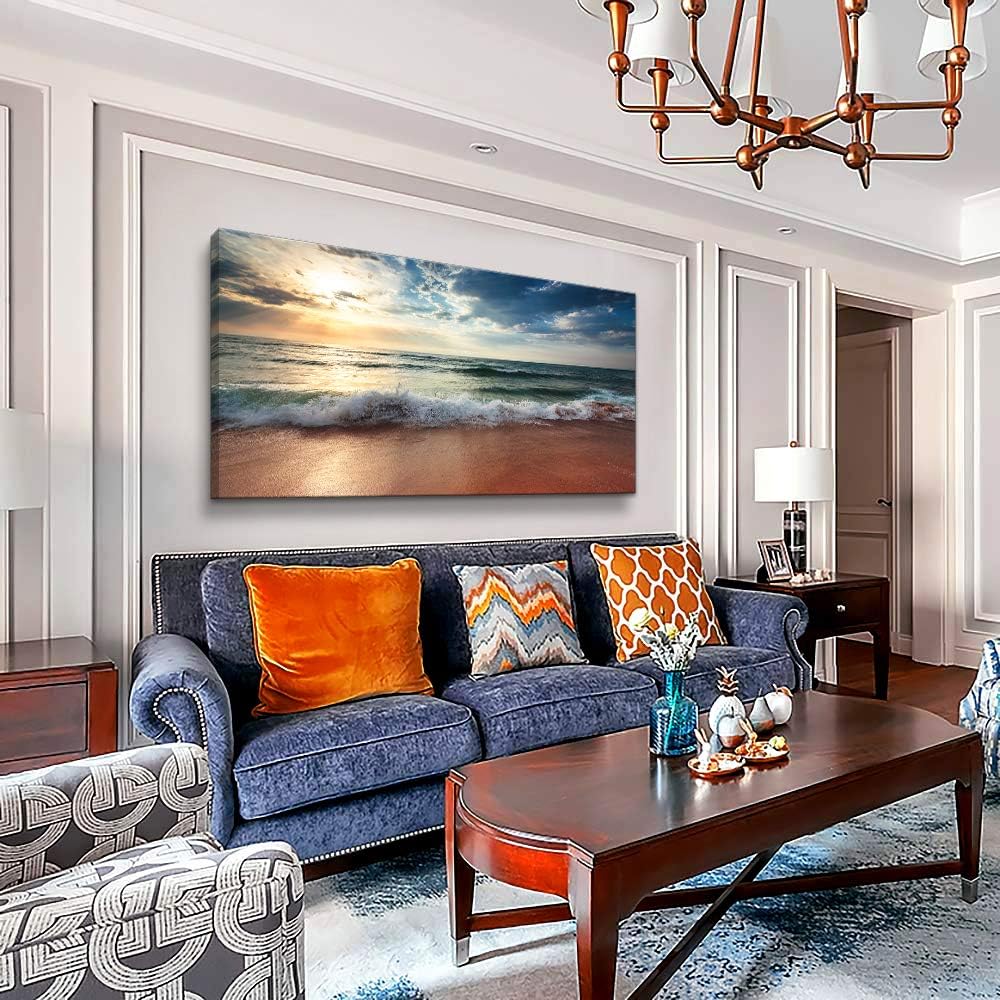 Lienzo de playa para pared de sala de estar, dormitorio, decoración del hogar, amanecer azul océano, mar, playa, cuadros artísticos, decoración