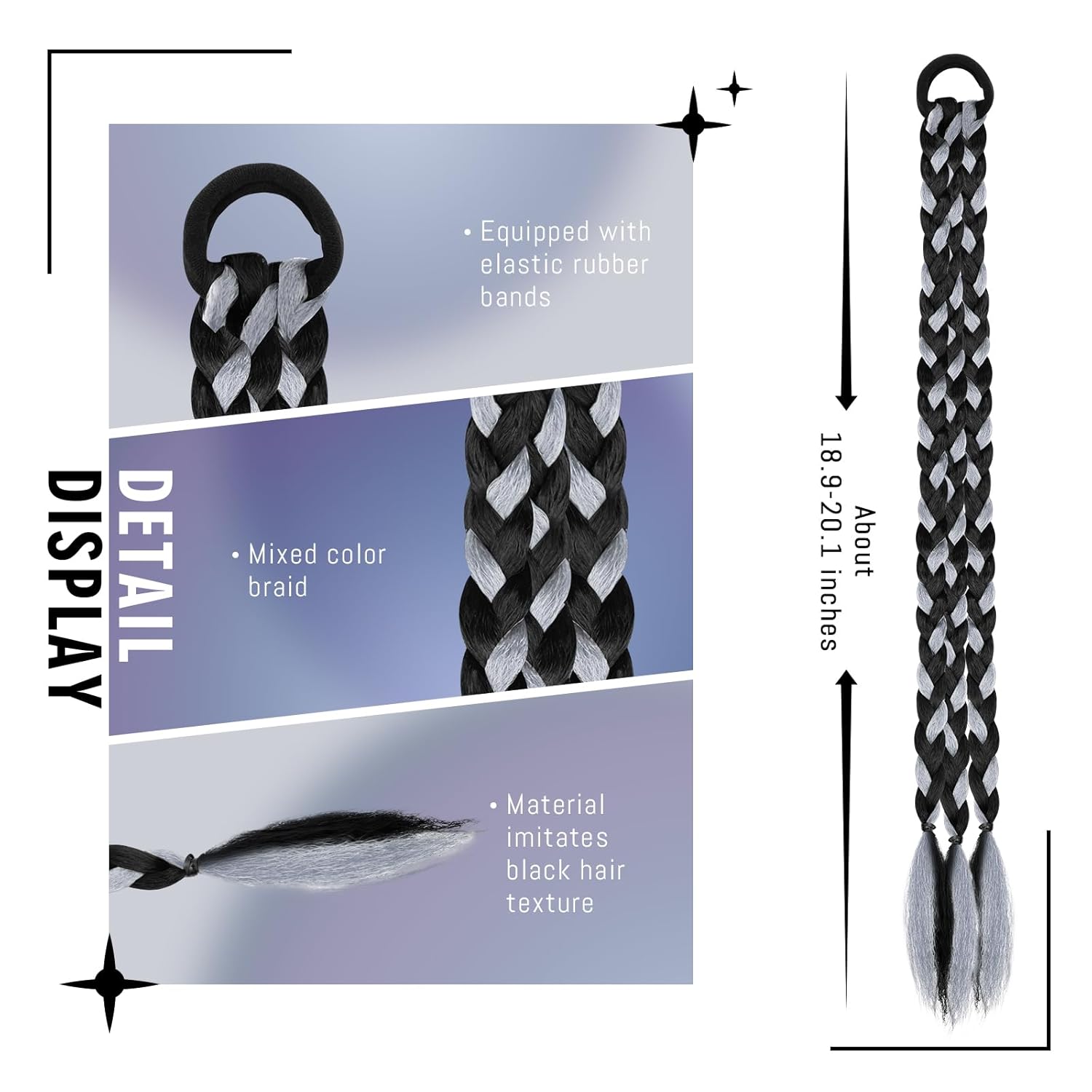 Dreamlover Extensiones de cola de caballo trenzadas con lazos para el cabello para mujer, mezcla de colores, 2 tonos coloridos y elegantes, negro y