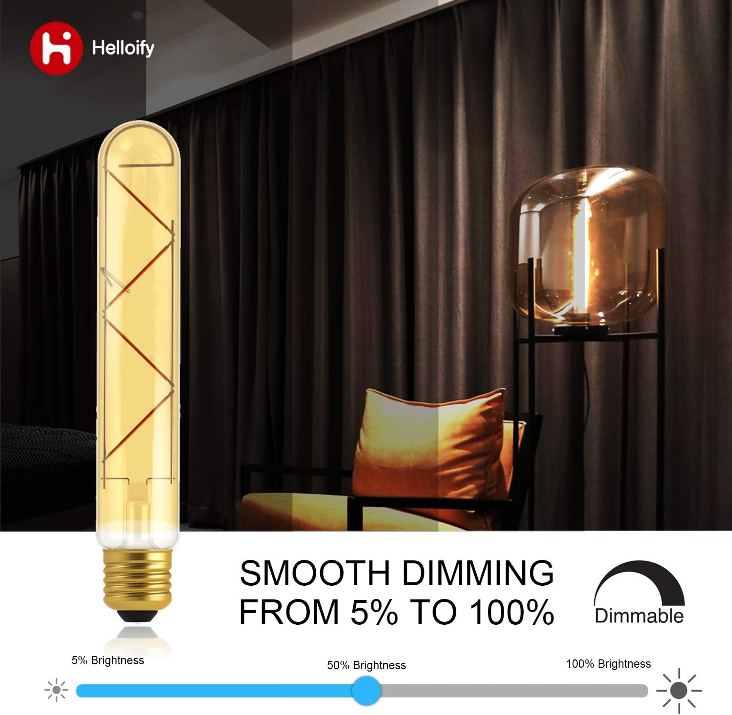 Bombilla tubular Edison LED vintage regulable T10, equivalente a 40 W, alto brillo, luz blanca cálida de 2500 K, vidrio ámbar, luz de cubierta de
