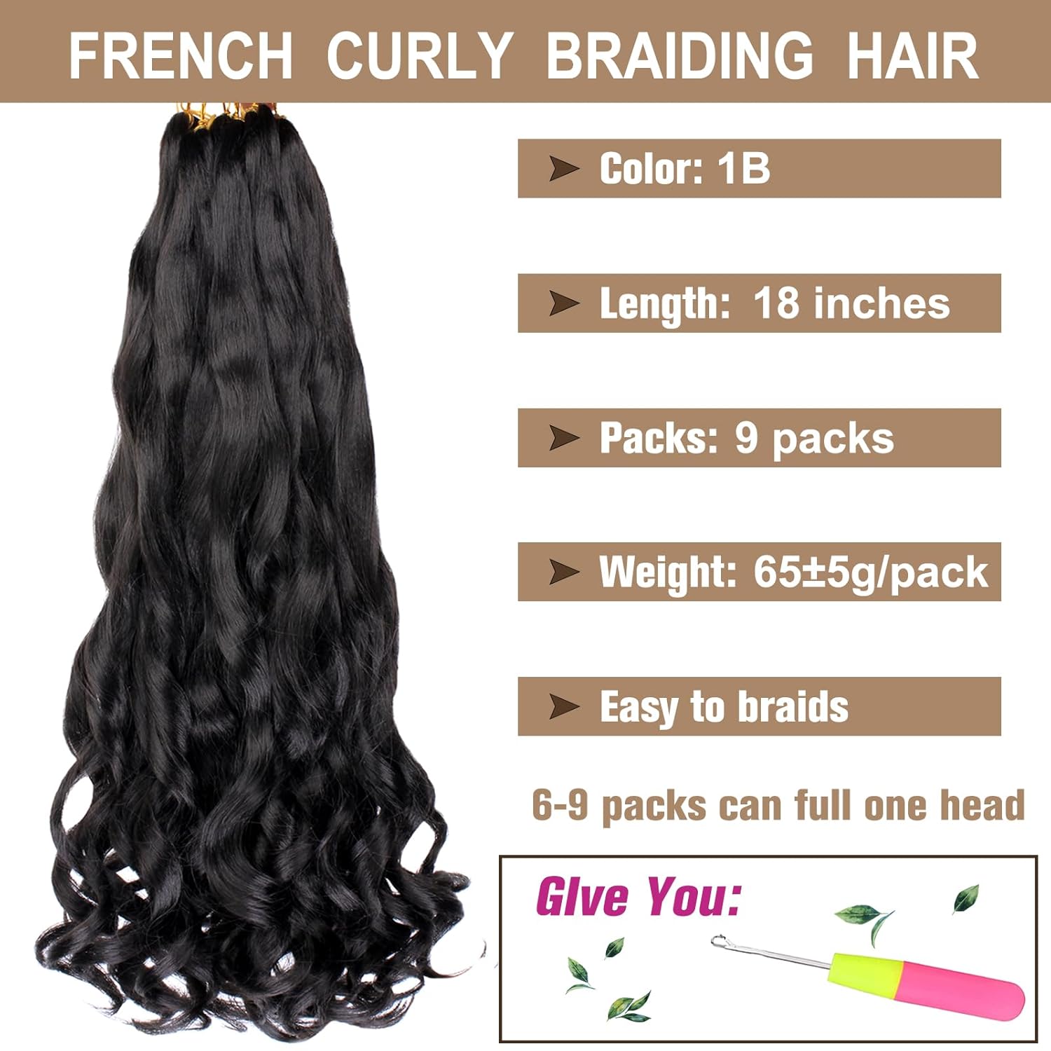COOKOO 18 Inch 9 Pack French Curly Braiding Hair 1B Soft Bouncy Braids Hair 65gpack Premium Curly Braiding Hair French Curls Synthetic Hair