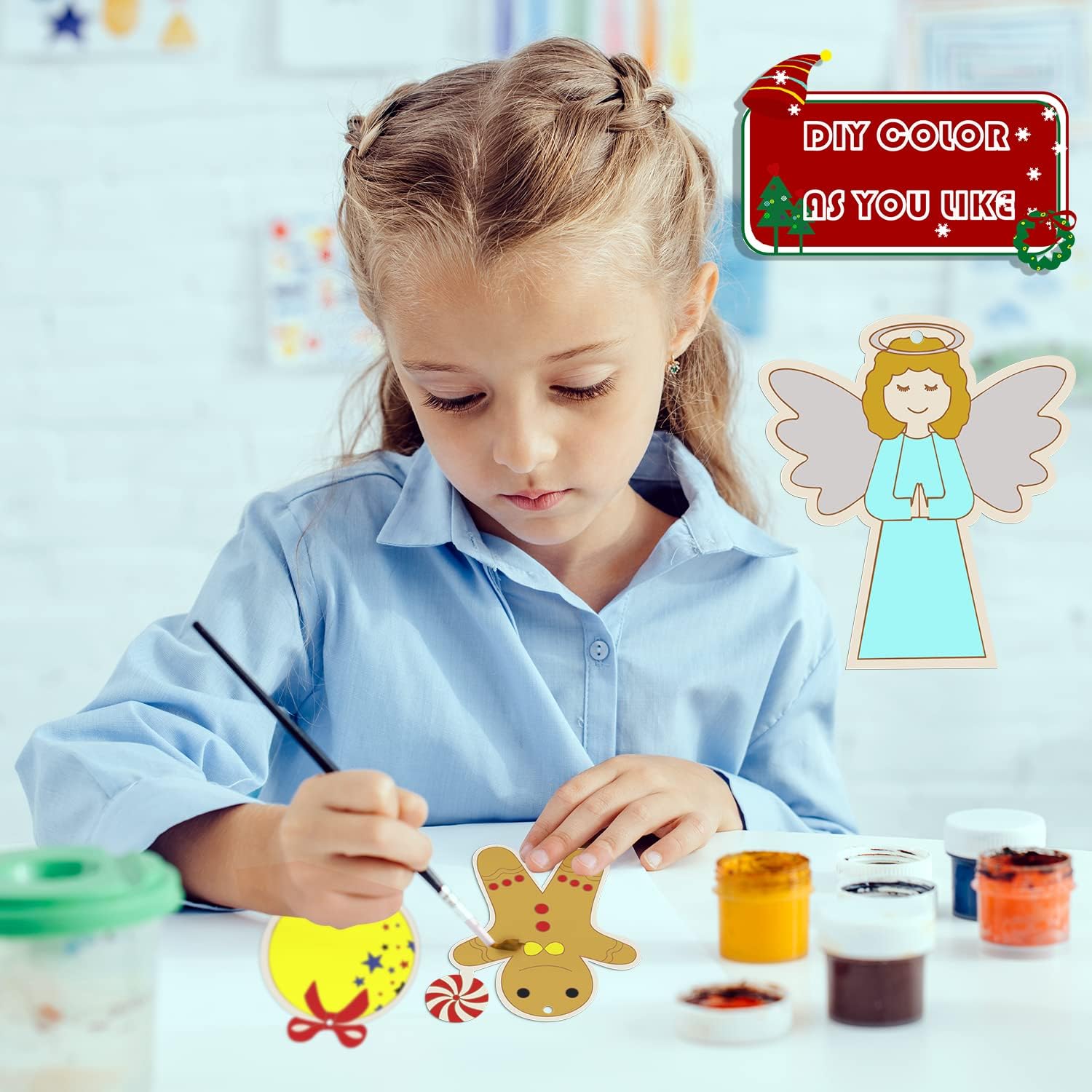 Artmag 50 piezas de adornos de Navidad de madera sin acabar, rebanadas de madera con agujeros para niños, manualidades, centros de mesa, decoración