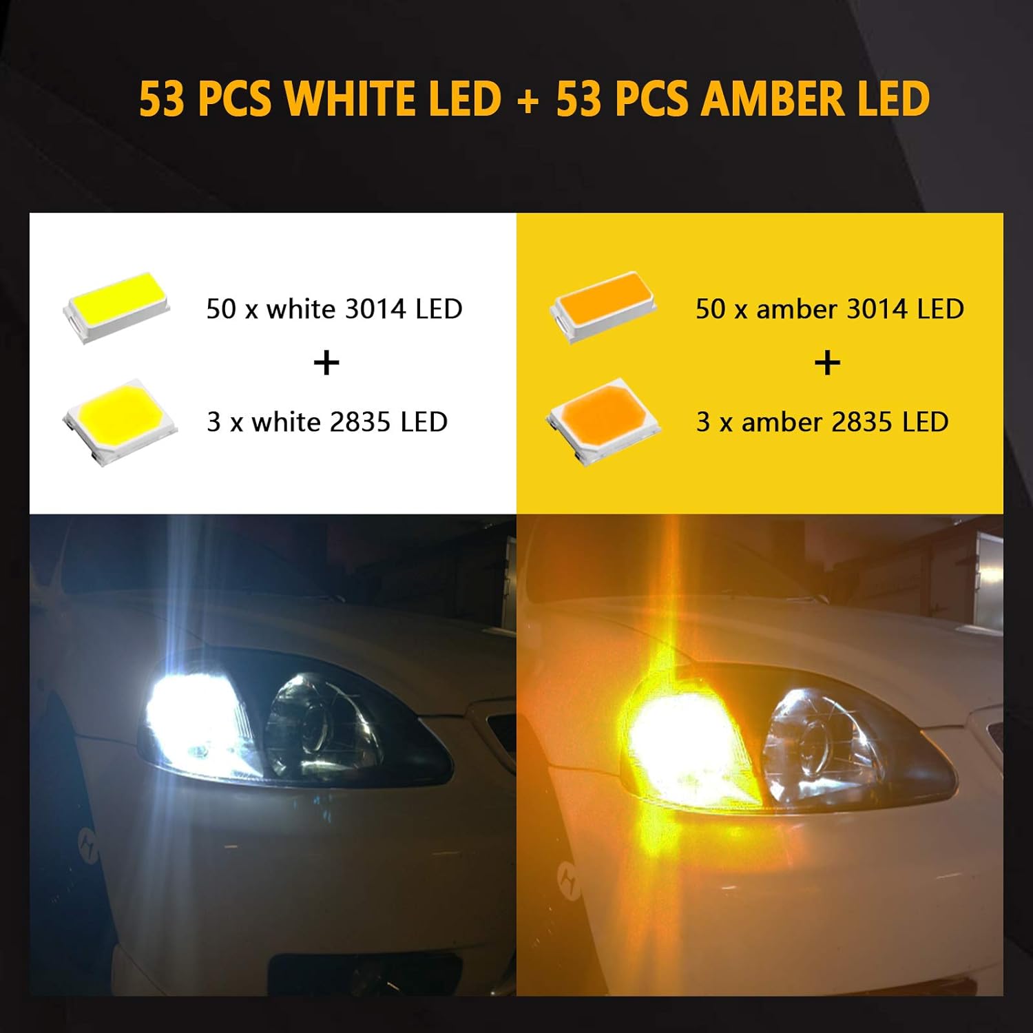 PHINLION Bombillas LED de doble color ámbar blanco superbrillante Switchback 7443 7443na 7444 7444na con proyector para luces de estacionamiento