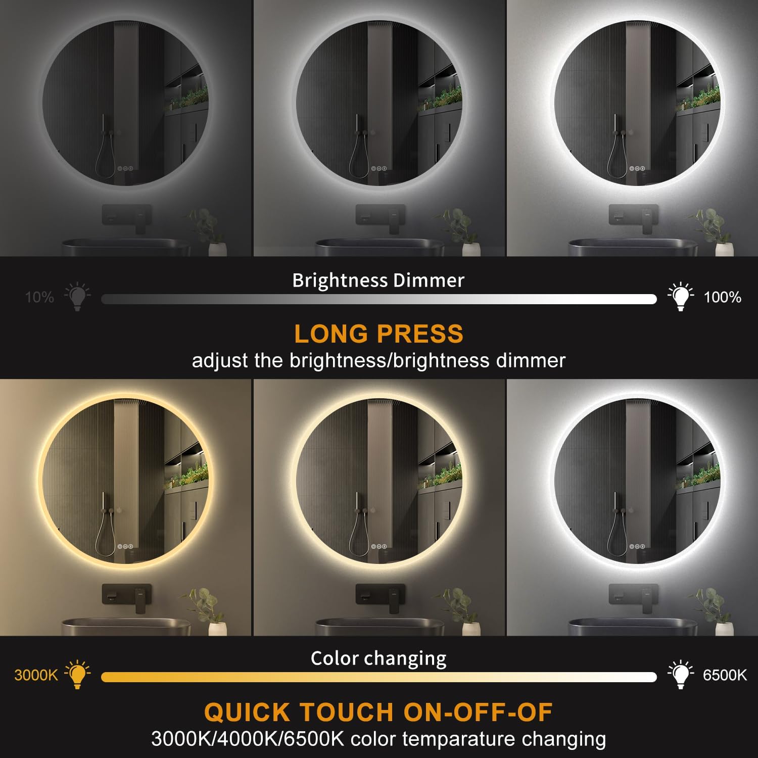 SBAGNO – Espejo de baño redondo de 32 luces con marco acrílico, espejo de baño LED de tocador montado en la pared, atenuación, cambio de color,