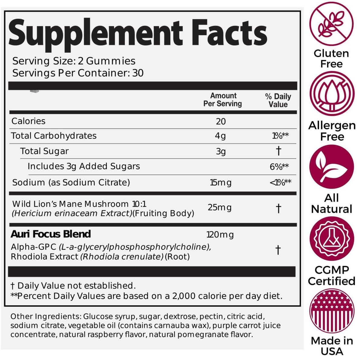 Auri Gomitas Super Mushroom Focus  melena de león, Alpha GPC y Rhodiola  Suplemento de hongos para apoyar la función cognitiva, claridad mental,