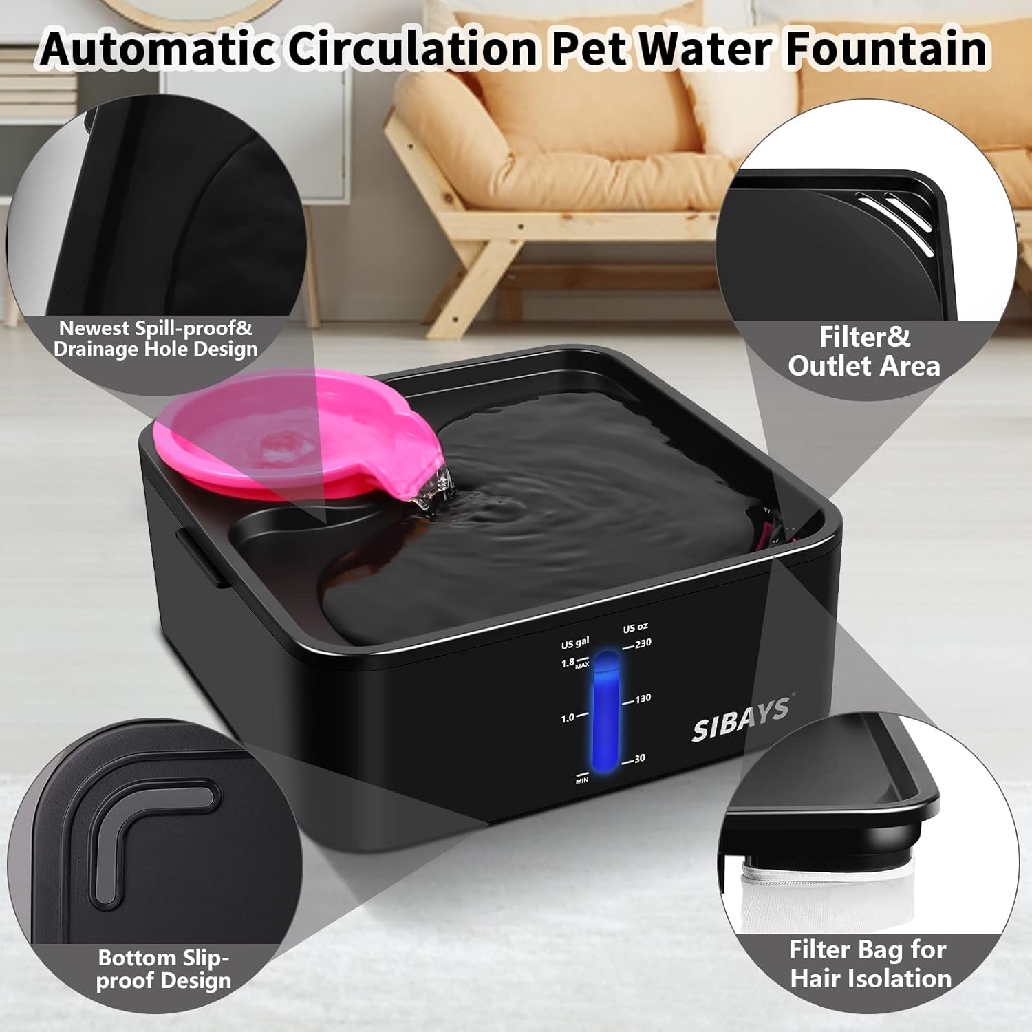 Fuente de agua para perros grandes, dispensador de cuenco de agua de 1.8 galones con filtro de 5 capas, protección automática de desbordamiento