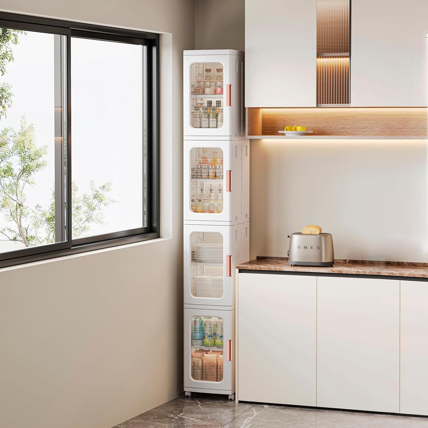 Armario de almacenamiento estrecho con puertas y estantes, armario de cocina alto y delgado con estante ajustable, organizador de papel higiénico,