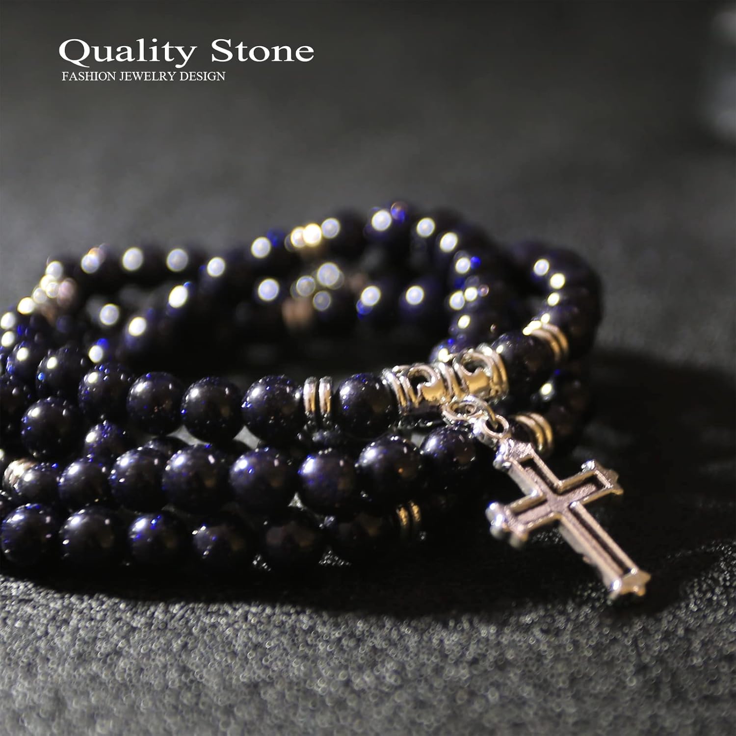 KS-WORKSHOP 108 Beads 6MM Wrap Bracelet for Women Handmade Stretch Long Chain Quality Stone Black Blue Sandstone Beaded Girls Charm Christ Pendant