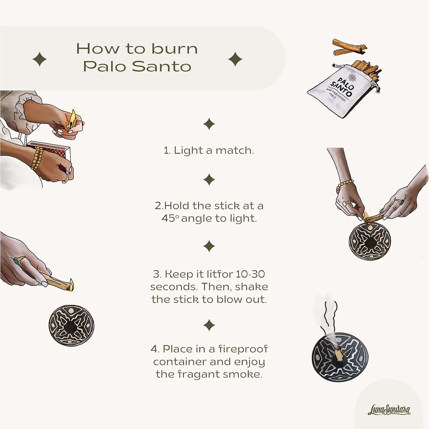 Luna Sundara Auténtico soporte para palitos de Palo Santo de cerámica de Perú y soporte para incienso, incluye 5 palitos de Palo Santo hechos a