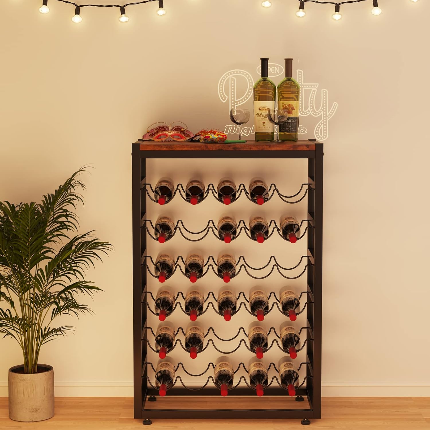 Dripex Estante de vino para 30 botellas, estante de almacenamiento de vino de 6 niveles con mesa de madera, soporte de metal resistente para