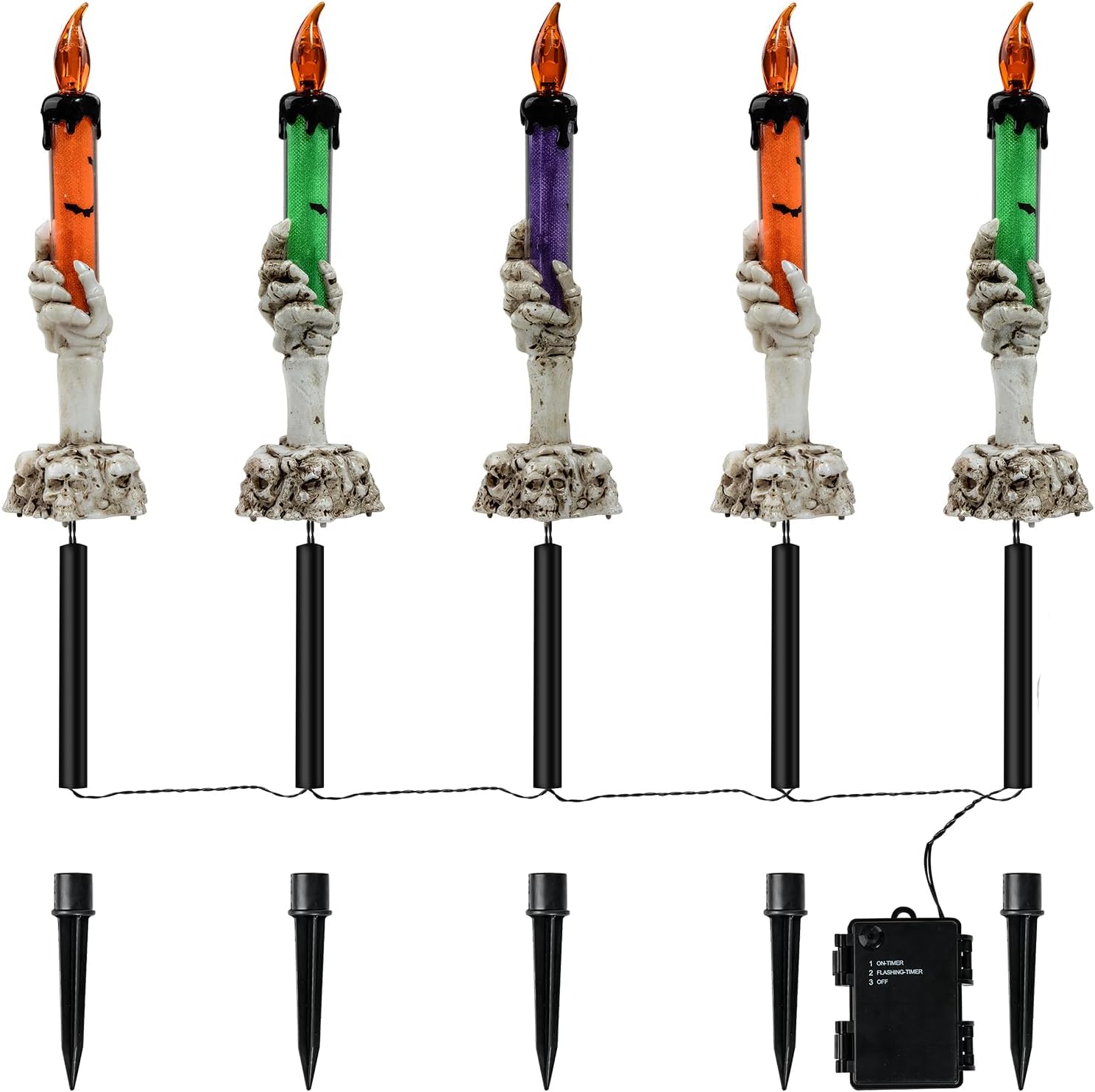 Decoración de luces de jardín de Halloween, paquete de 5 velas de mesa con mano de fantasma de esqueleto, estacas iluminadas para patio para