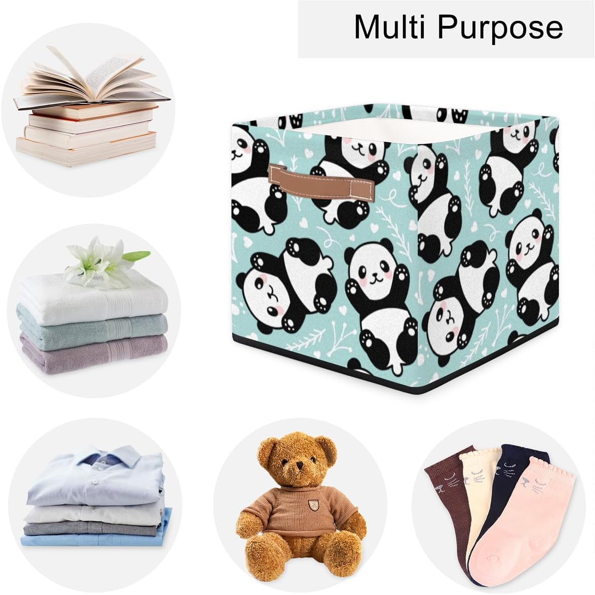 KOBLEN Modern Animal Panda Square Storage Basket Collapsible Storage Box Clothes Basket 13×13 Inch Large Cube Storage Bin With PU Leather Handle for