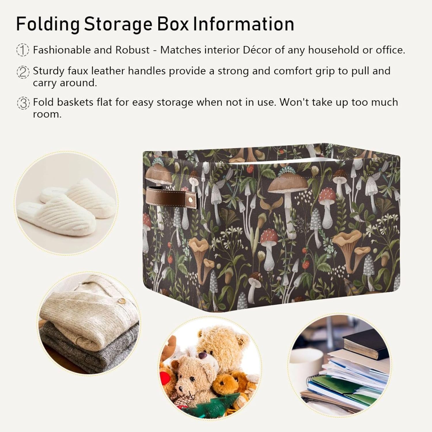 Cesta de almacenamiento de hongos, plegable, decorativa, para lavandería, para oficina, dormitorio, ropa, dormitorio, sala de estar, 2 unidades