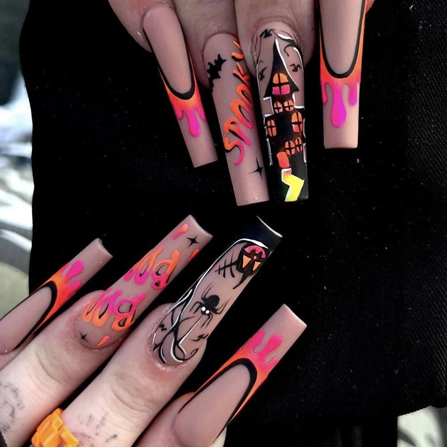 Uñas postizas cuadradas a presión de Halloween, con punta francesa con diseño de casa terrorista y araña, uñas postizas coloridas, graffiti, uñas