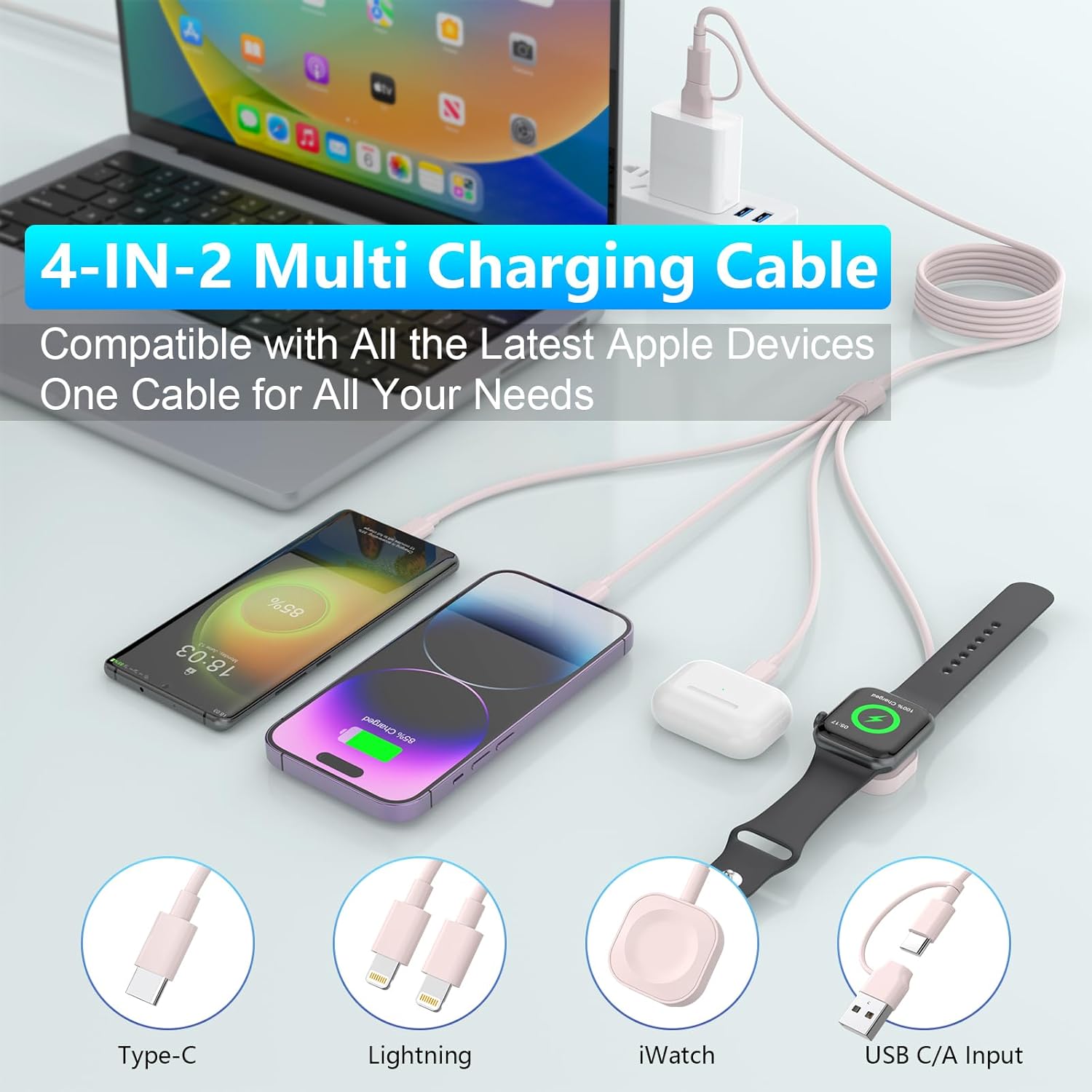 Certificado MFi Cable de carga 4 en 2 para iWatch y teléfono, cargador 3 de 10 pies3M para iPhone Watch, cable de carga rápida, cargador de viaje