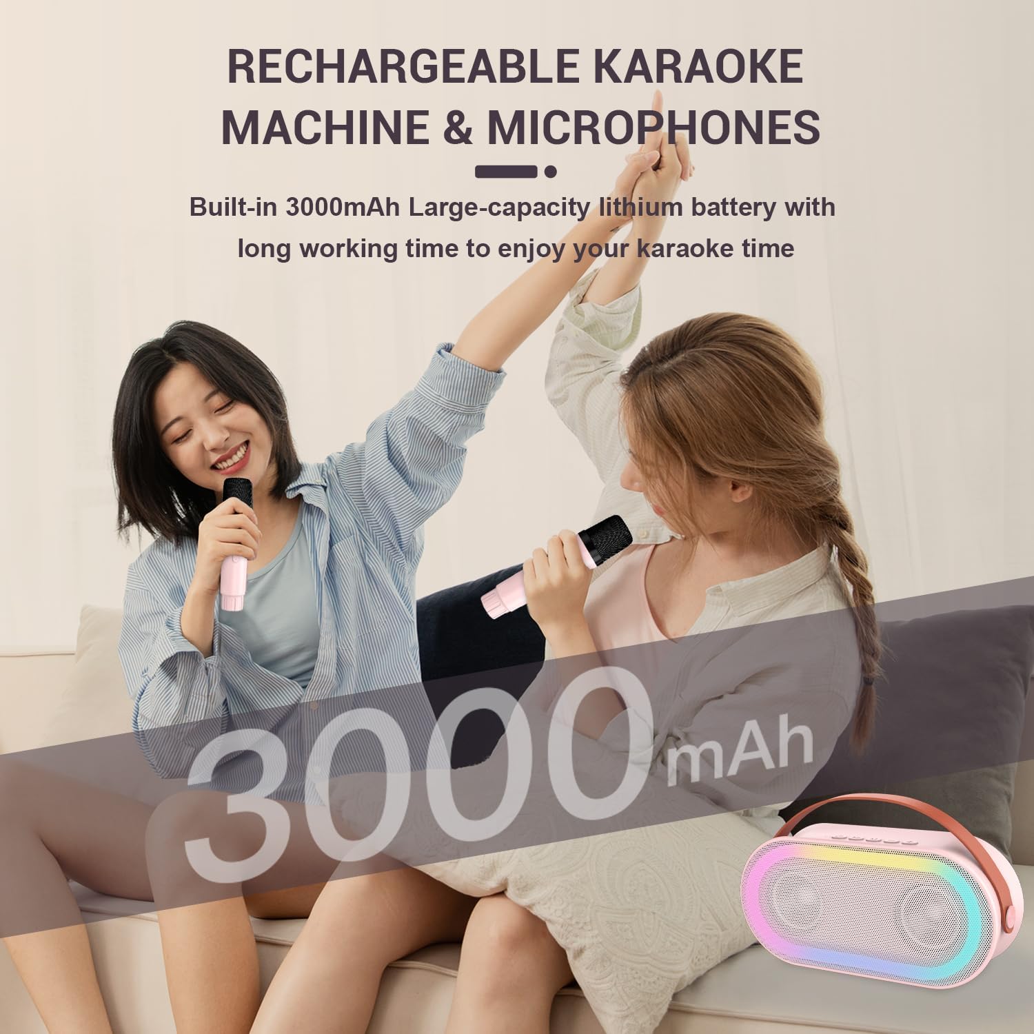 VeGue Mini máquina de karaoke con 2 micrófonos inalámbricos, altavoz Bluetooth portátil con sonido estéreo bajo con luces LED para niñas y niños de