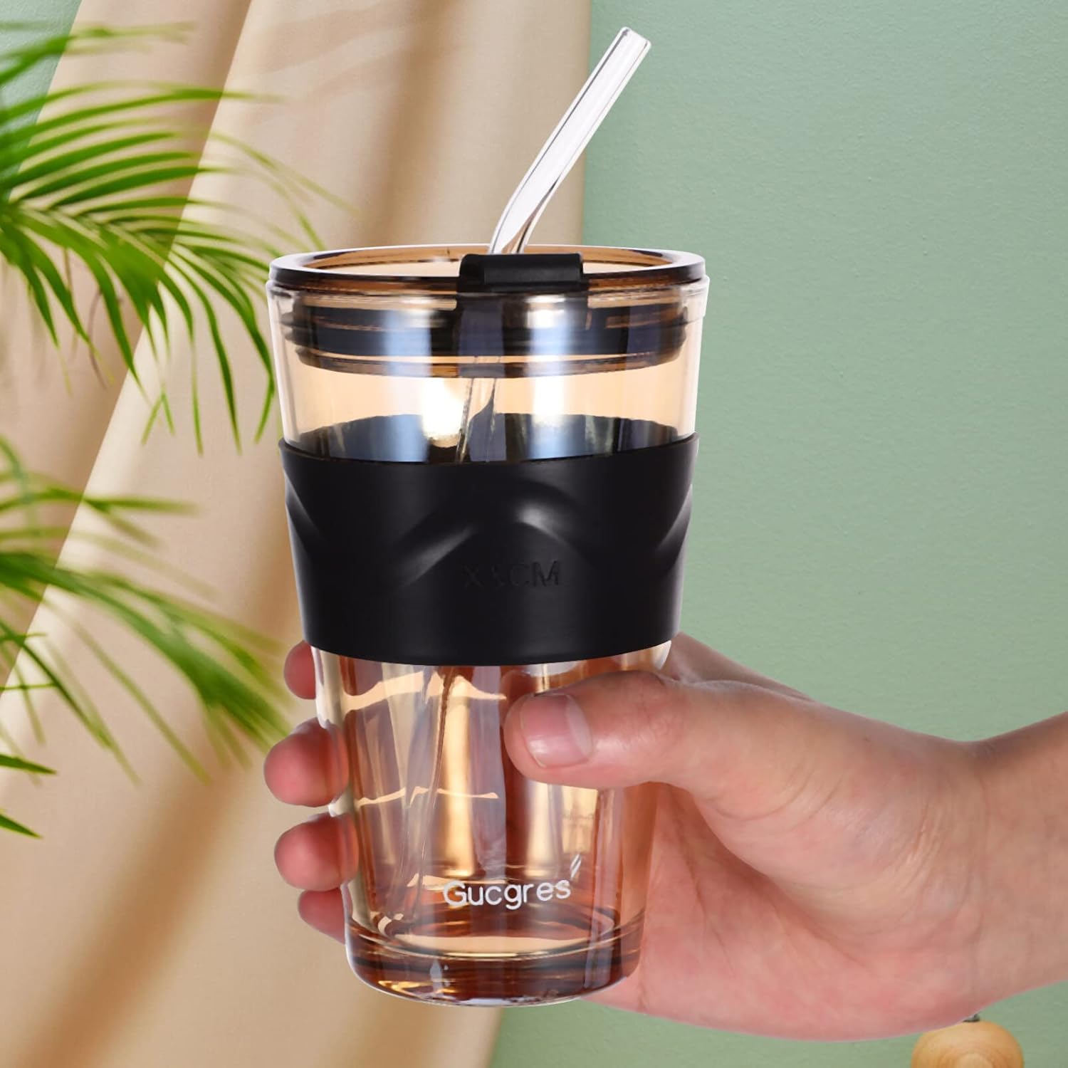 UPKOCH 2 vasos de vidrio con tapa y pajita, vaso de 16 onzas, vaso de vidrio grueso para pared con tapa sellada, tazas de café helado con funda de