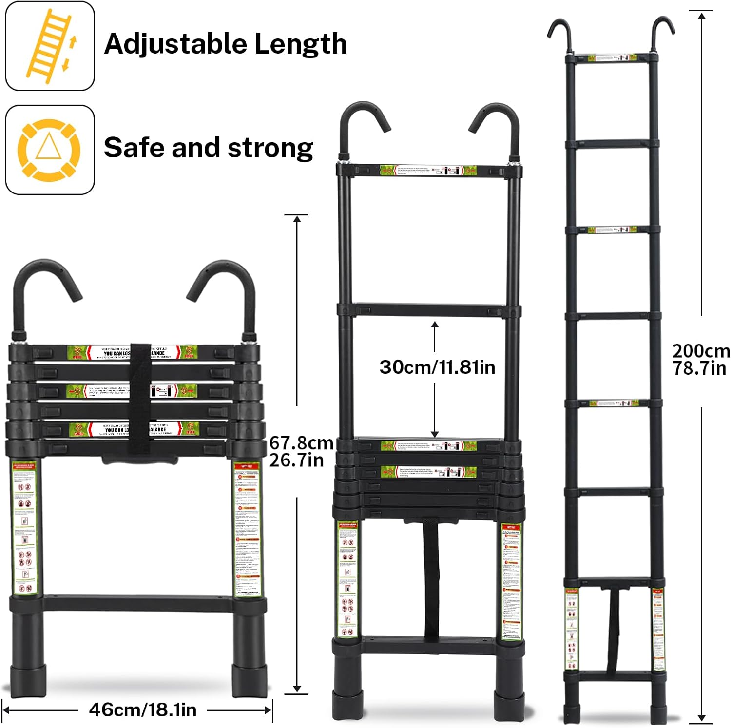 Escalera telescópica RIKADE de aluminio de 6.5 pies con patas antideslizantes y gancho estable, escalera de extensión portátil para el hogar y el