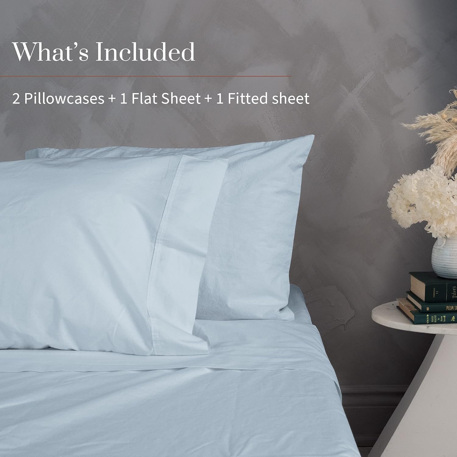 Everspread 100% Cotton Bed Sheets. Full Size – Light Blue. 4 Piece Sheet Set. Soft Washed Percale. Natural Long Staple Cotton. Cool & Breathable