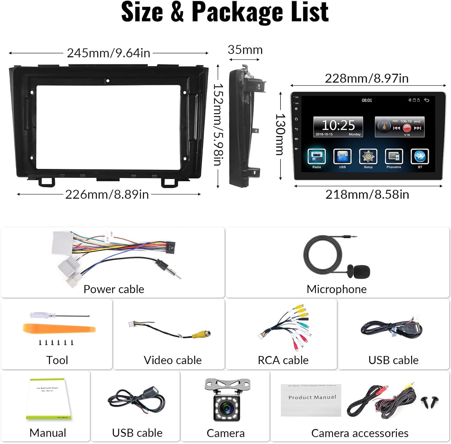 Reproductor MP5 estéreo para Honda CRV 2007-2011 Radio de coche con Apple Carplay Android Auto Mirror Link, 9 pulgadas pantalla táctil Radio de