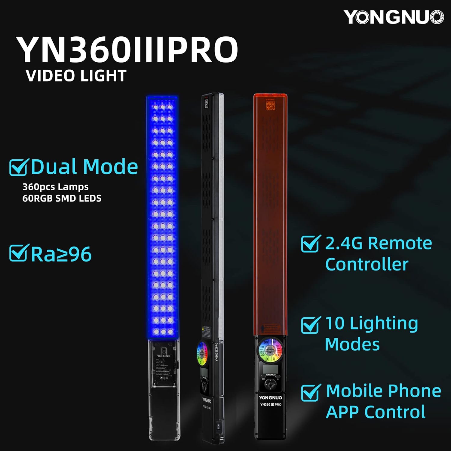 YONGNUO YN360III PRO – Barra de luz LED con soporte de luz de 110 pulgadas, luz de hielo con control remoto táctil de 2.4G, CRI a todo color RGB