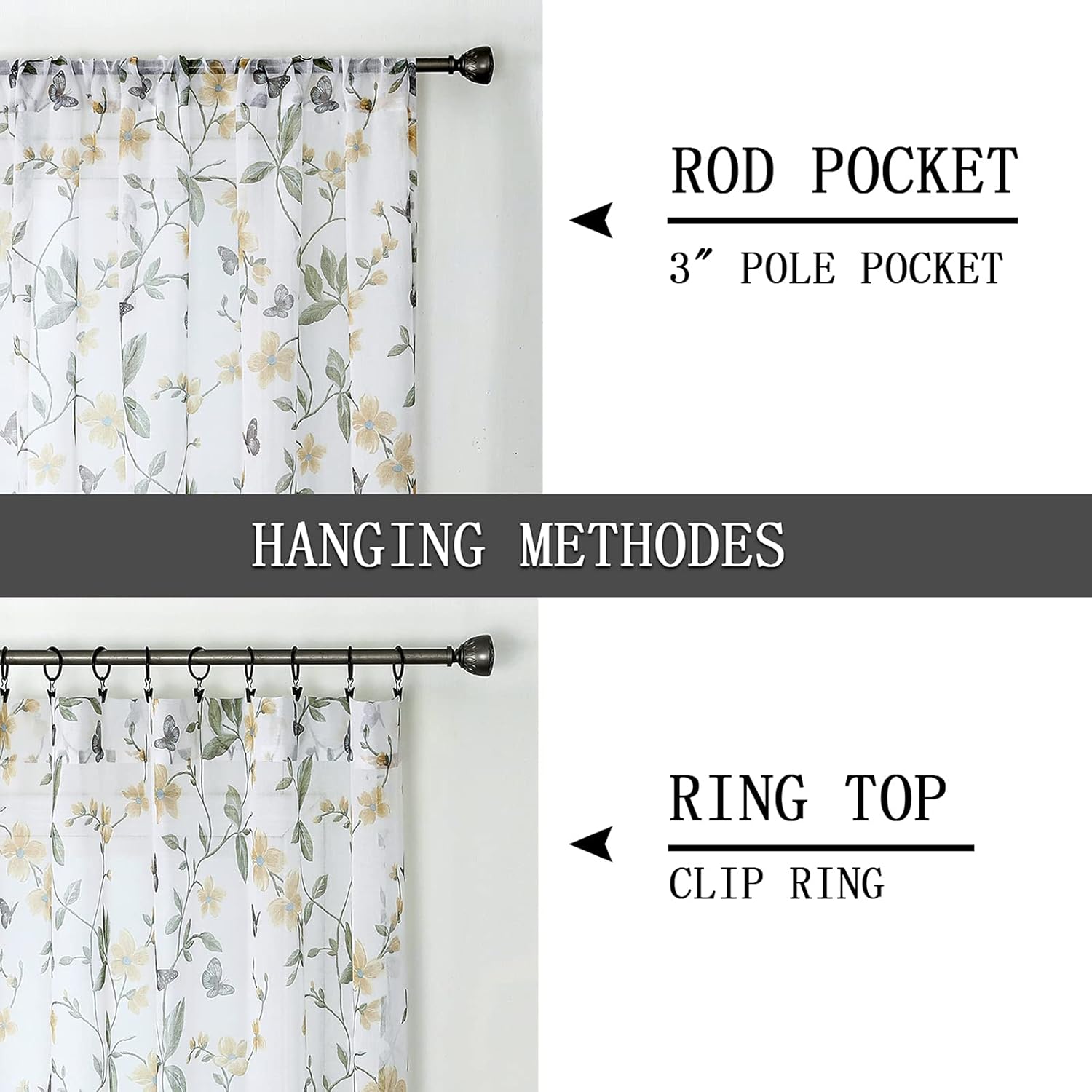 Tollpiz – Cortina floral transparente, con diseño de mariposas y flores para dormitorio, cortina para ventana de lino sintético con barra para