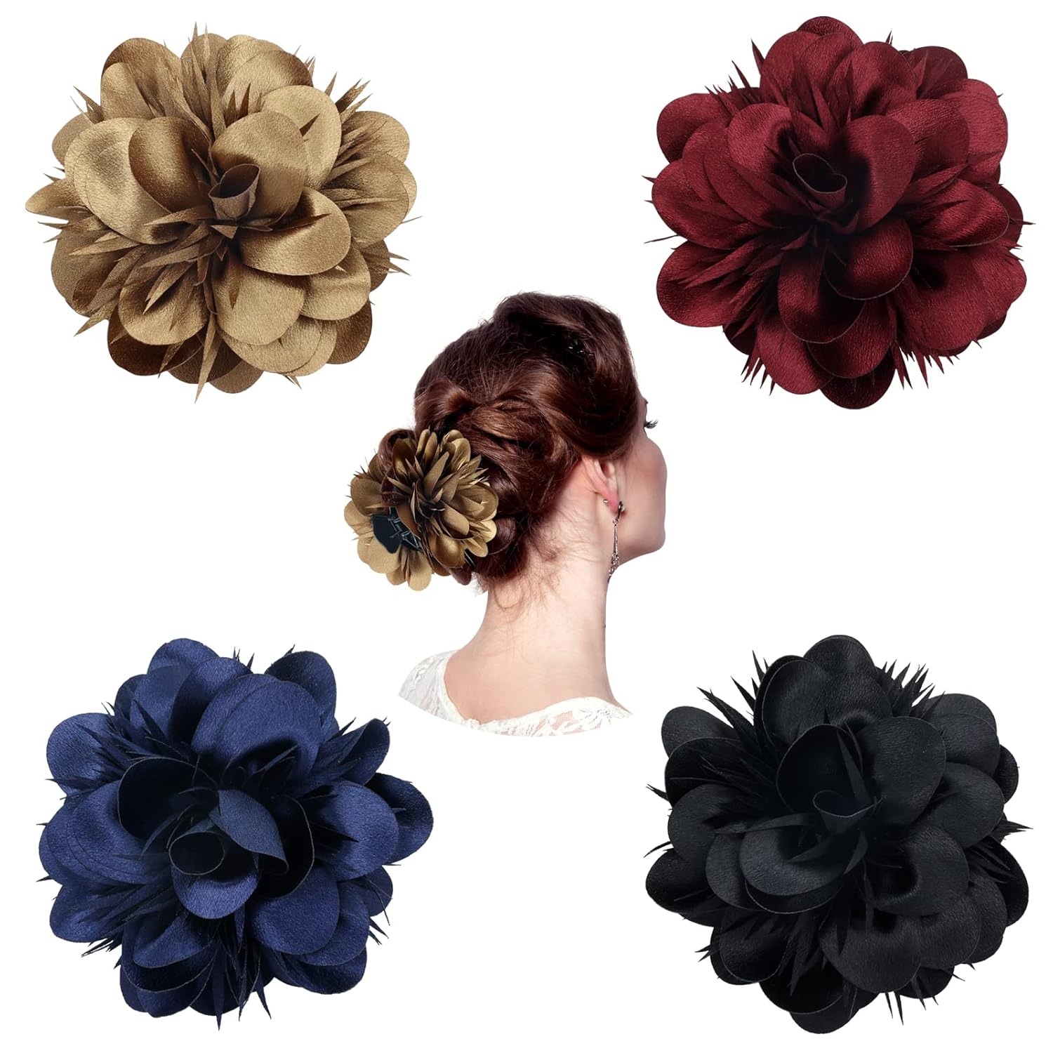 Paquete de 4 pinzas de plástico para el cabello con flores de satén grandes, pasadores, mandíbulas, abrazaderas, soportes para moño, accesorios para