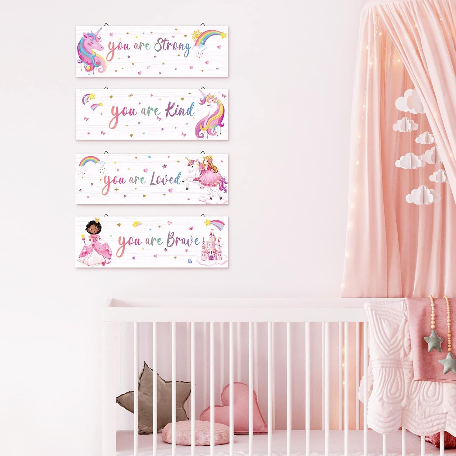 decalmile 4 piezas de unicornio princesa castillo arco iris motivacionales carteles de madera colgantes placa de pared You Are Kind Braved citas