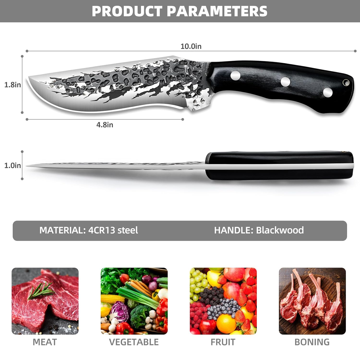 Cuchillo de hoja fija con funda, cuchillos de caza de hoja fija Forge, mango de madera antideslizante. Agujero para cordón, cuchillos para hombres,